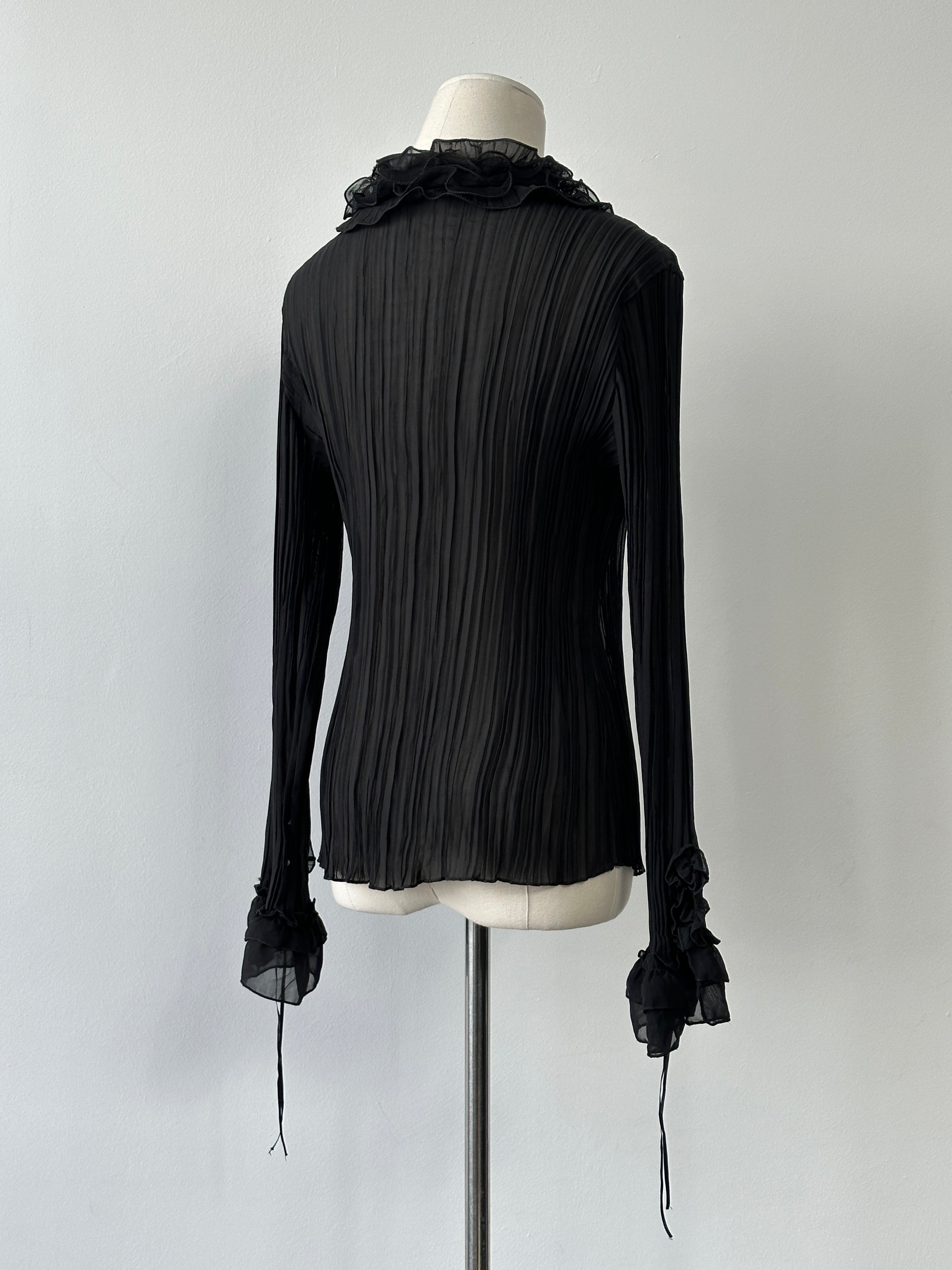 Vintage 2000s Sheer Ruffle Pleated Fitted Shirt - S