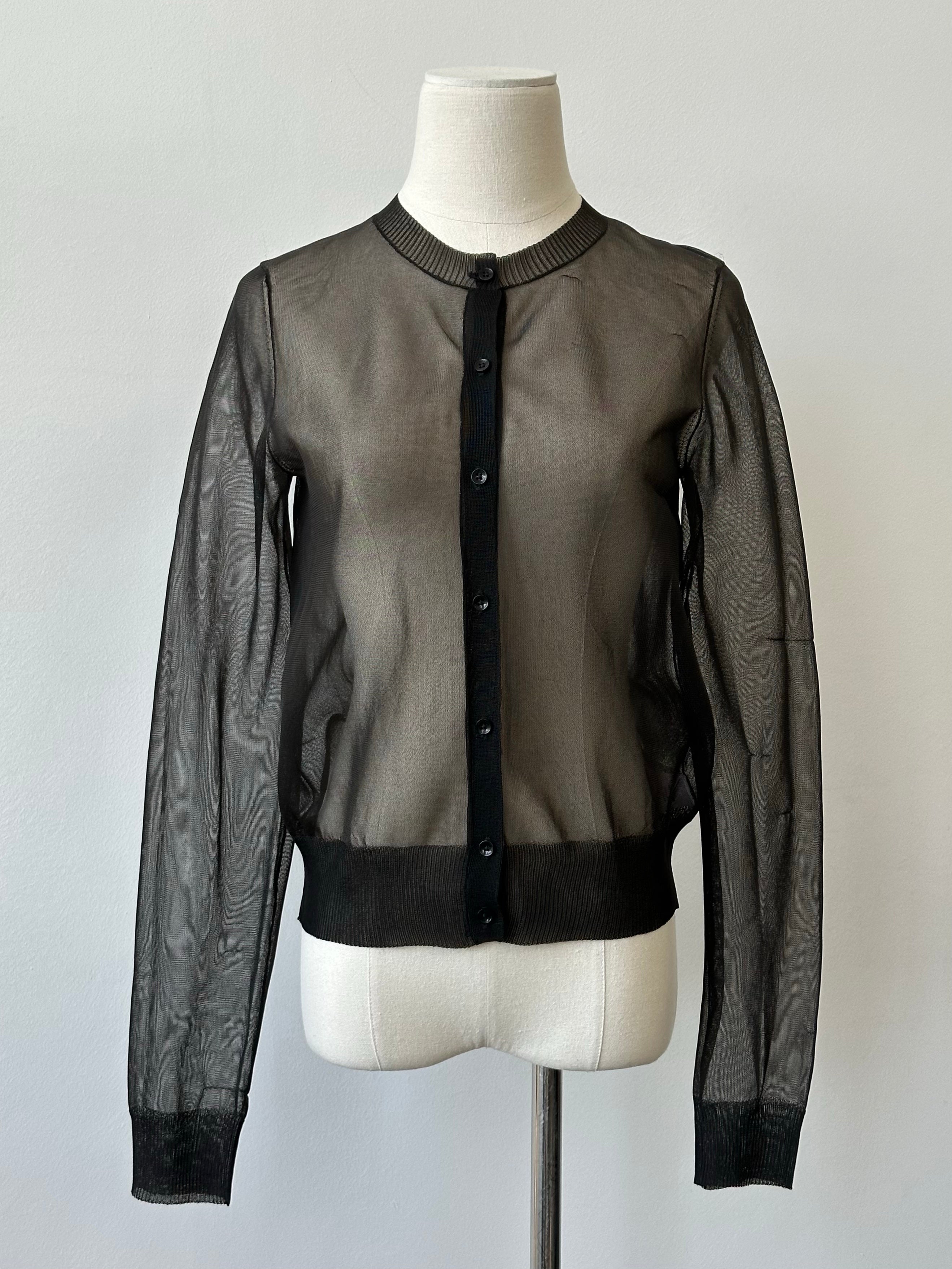 DKNY Jeans 1990s sheer knit cardigan in size small, featuring lightweight, transparent fabric with a classic open-front design.