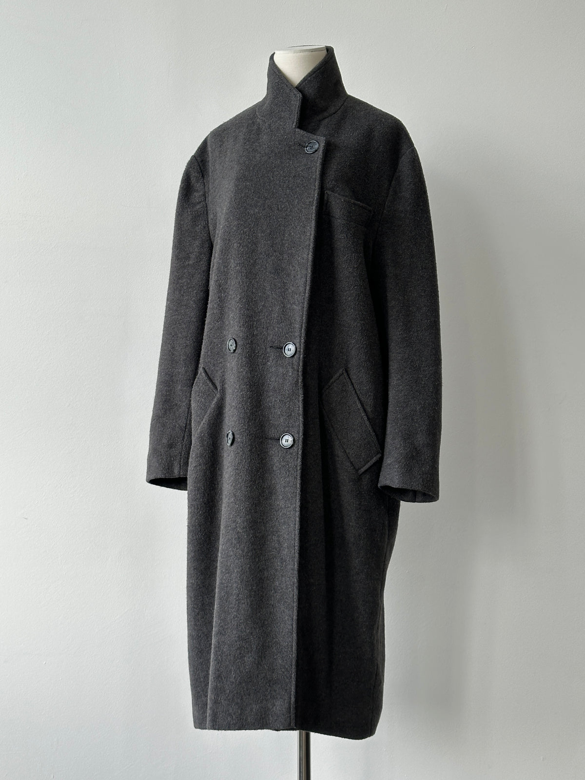 British Vintage 1990s Wool High Neck Double Breasted Coat - L