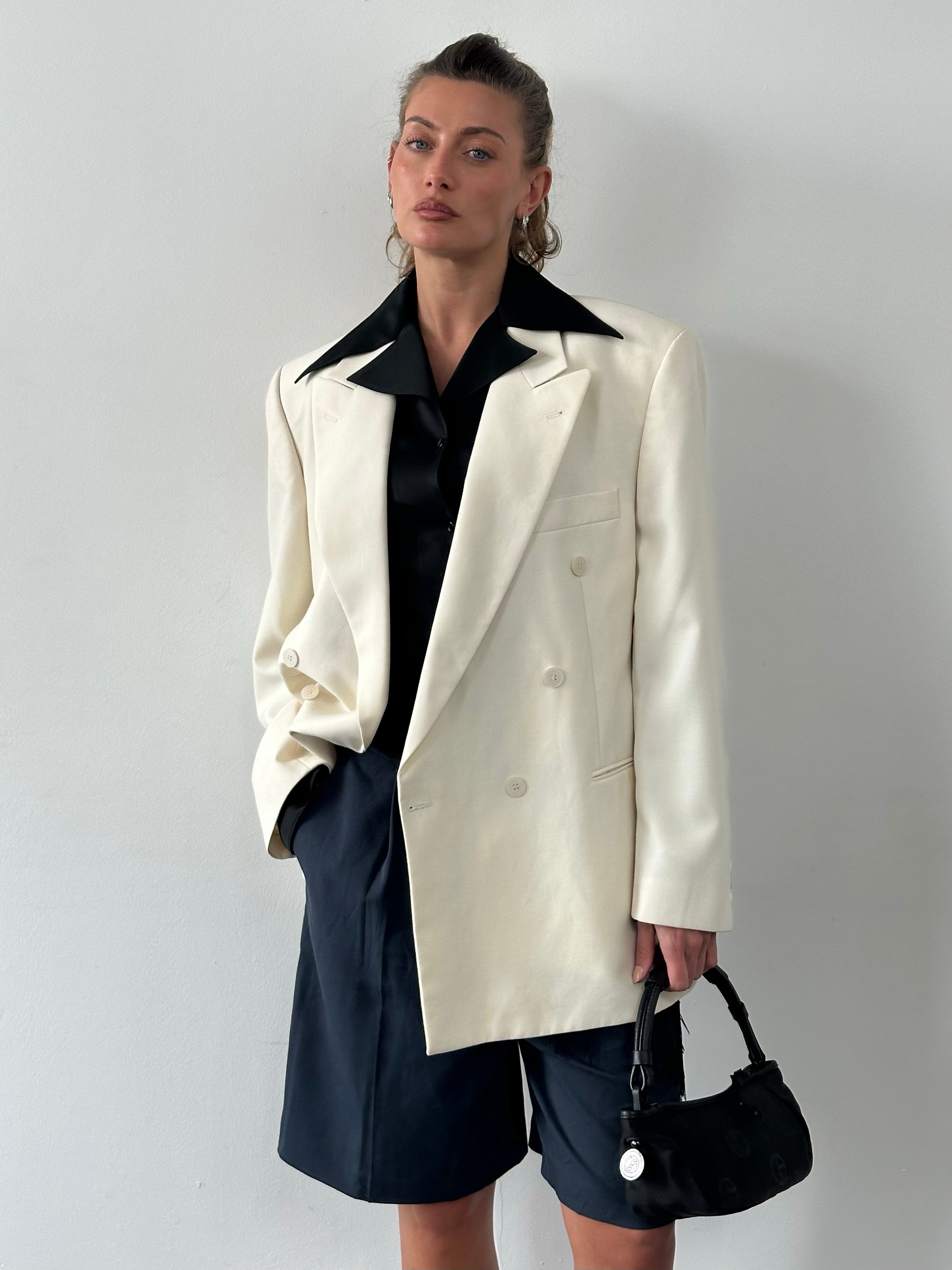 Vintage1990s Pure Wool Double Breasted Tuxedo Blazer - 46R