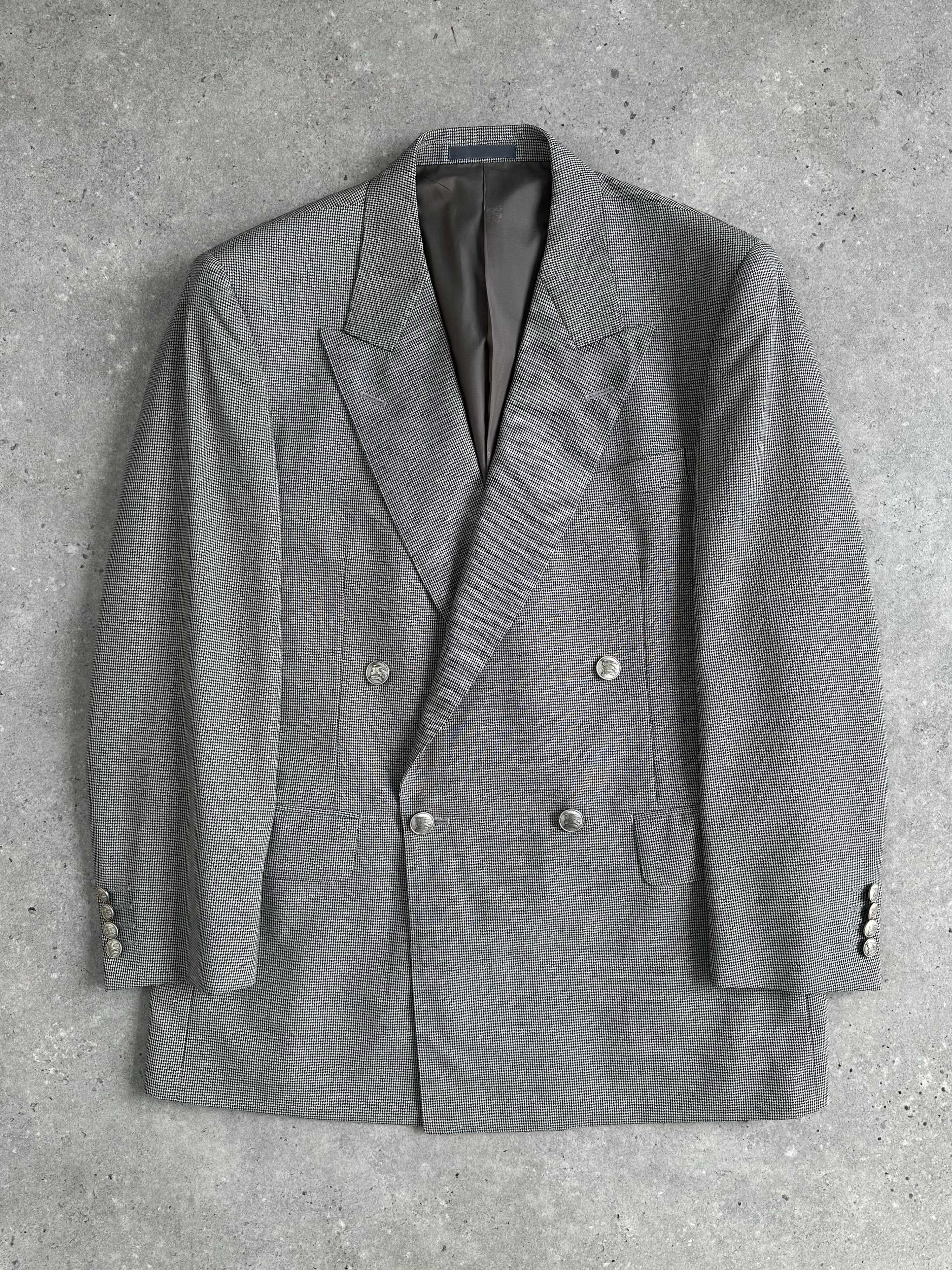 Burberry 1990s bespoke button wool double-breasted blazer in size L, featuring classic check pattern and tailored fit.