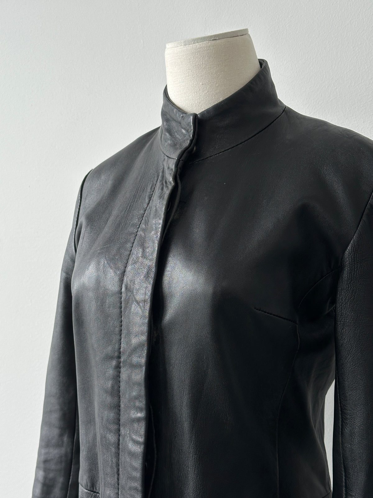 Vintage 1990s High Neck Concealed Placket Leather Trench Coat - XS-S