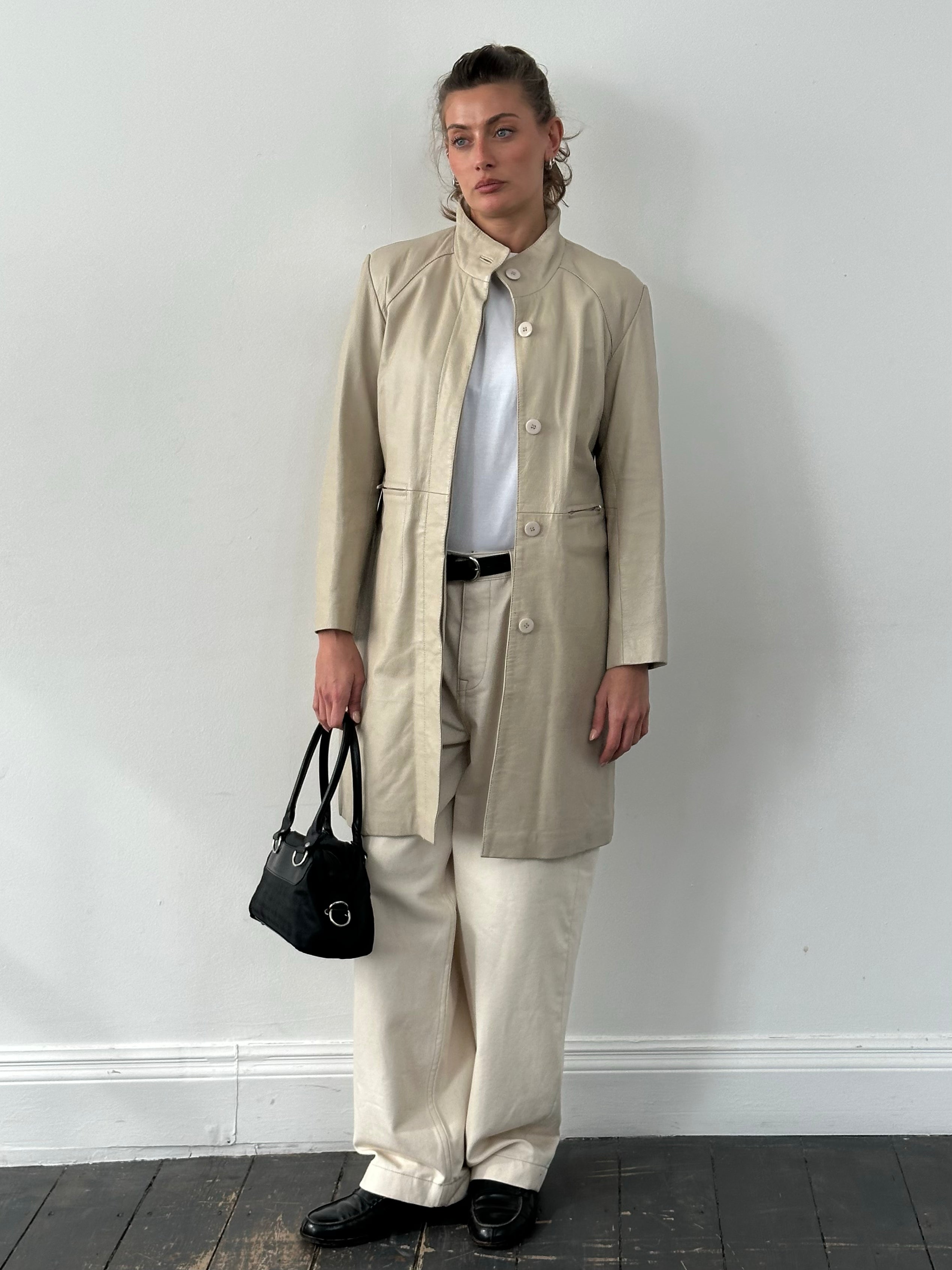 Vintage 2000s High Neck Leather Trench Coat - S