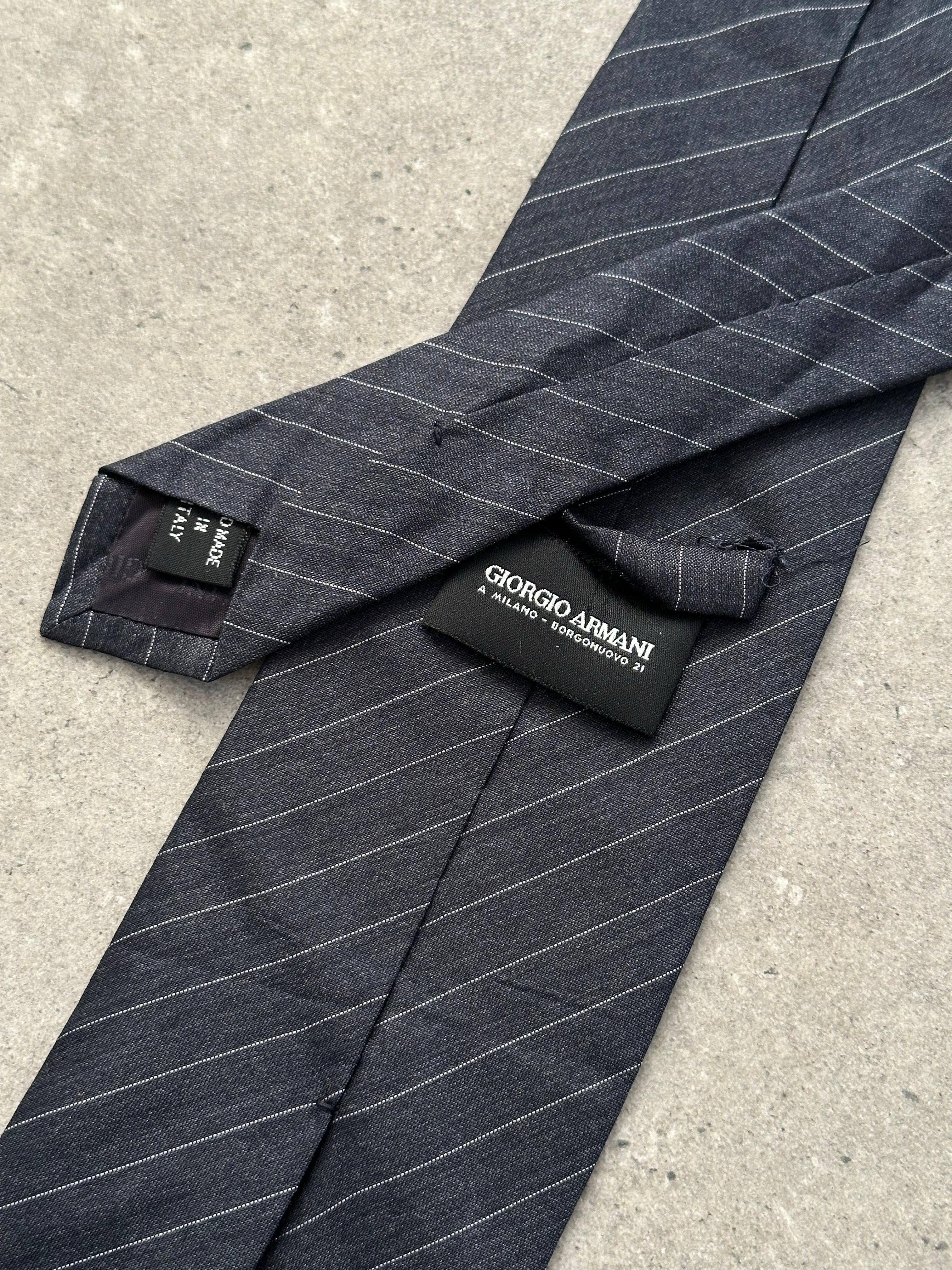 Giorgio Armani 1990s pure silk striped tie, elegant men's accessory with classic blue and white stripes, detailed fabric texture visible