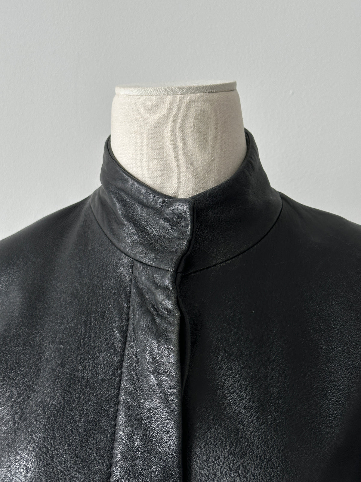 Vintage 1990s High Neck Concealed Placket Leather Trench Coat - XS-S