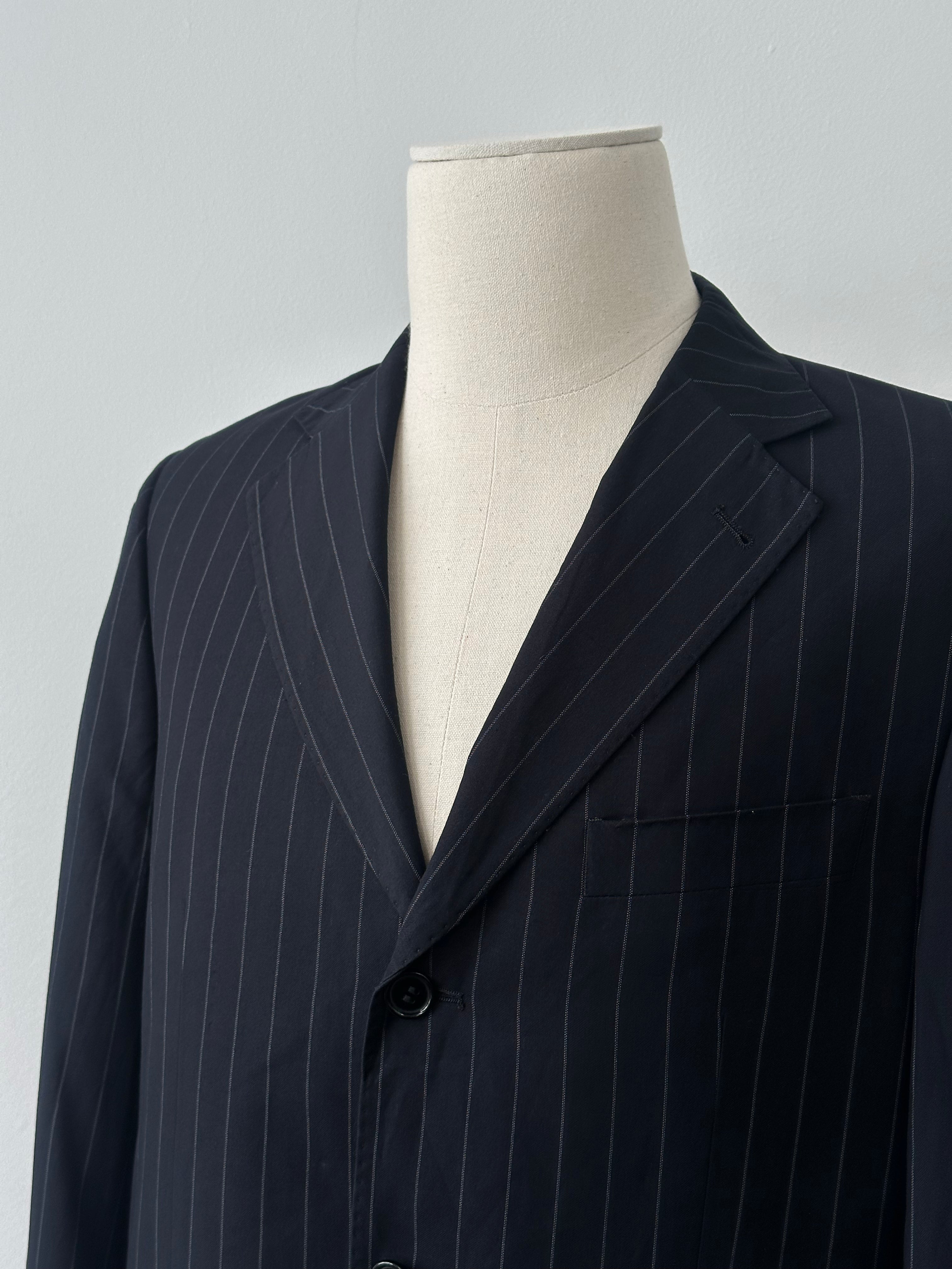 Loro Piana wool and cashmere striped blazer, 42R, vintage 1990s design, shown on model with notch lapel and tailored fit.