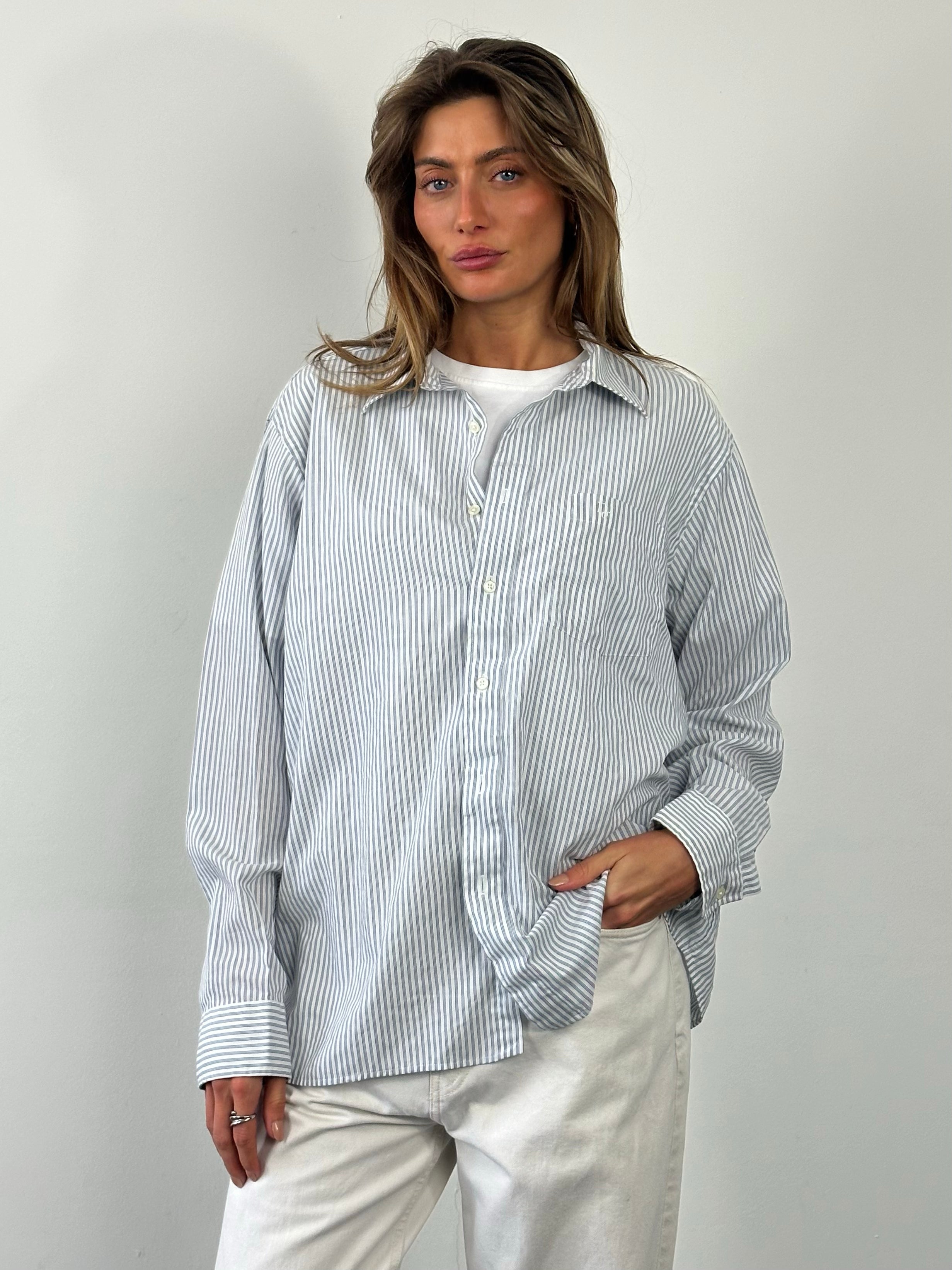 Christian Dior 1990s cotton striped logo shirt in large size, featuring classic Dior branding and a relaxed fit.