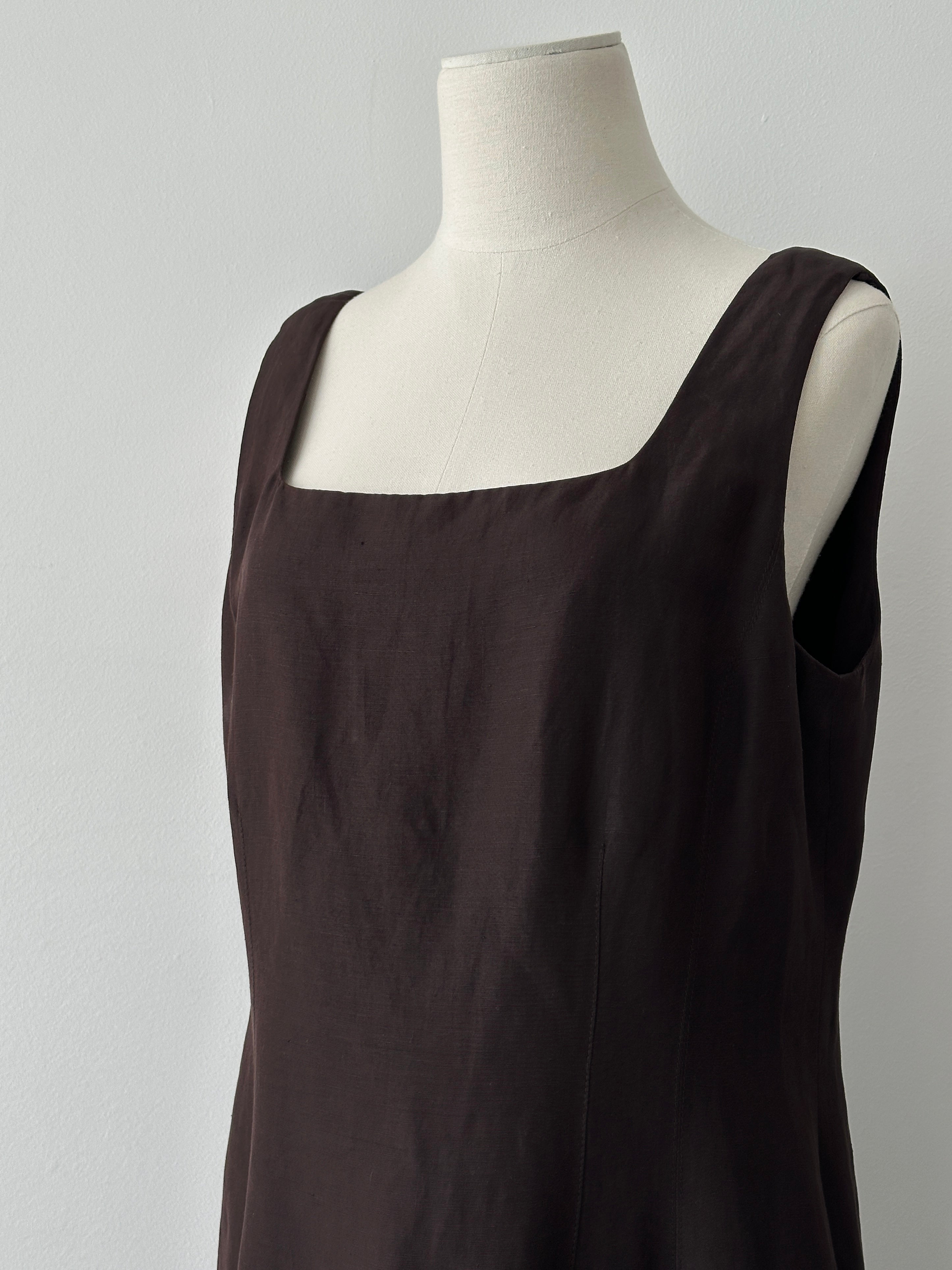 Vintage 1990s Silk Linen Square Neck Midi Dress - L