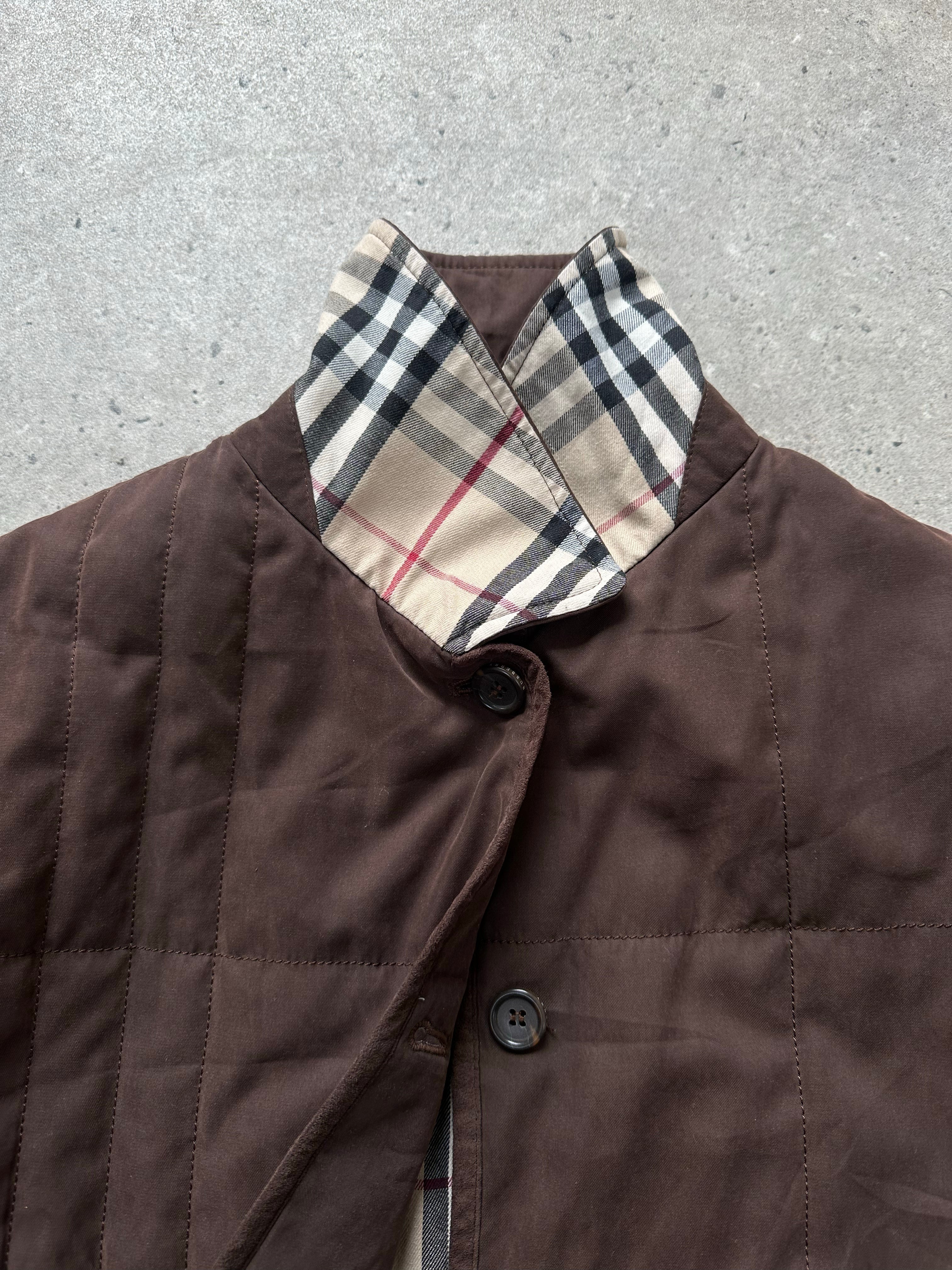 Burberry London 2000s cotton check jacket in size M, featuring classic plaid pattern and tailored fit.