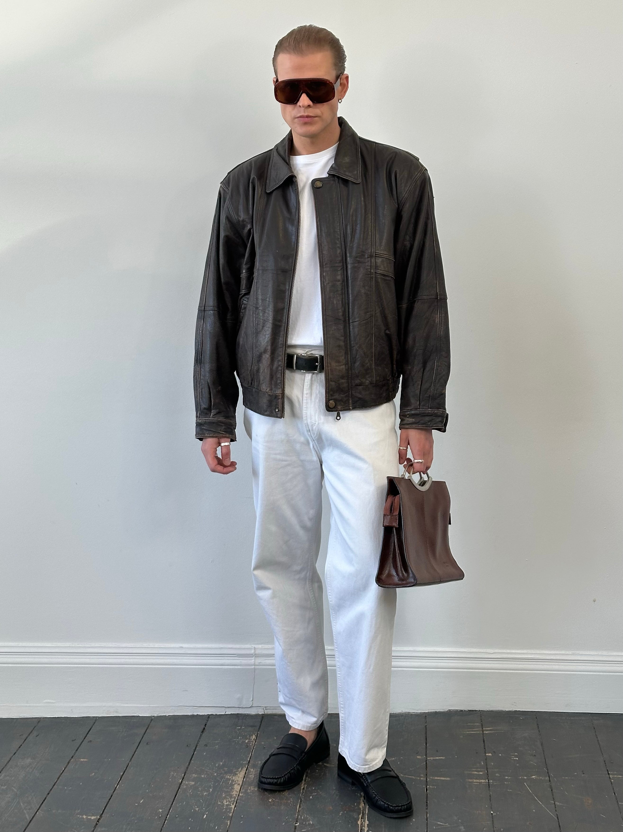 Vintage 1990s Distressed Leather Bomber Jacket - XL