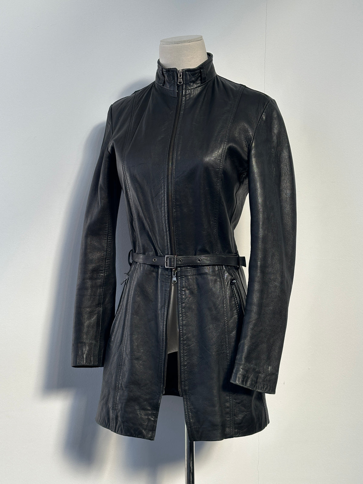 Italian Vintage 1990s Double Zip Belted Leather Jacket - XS