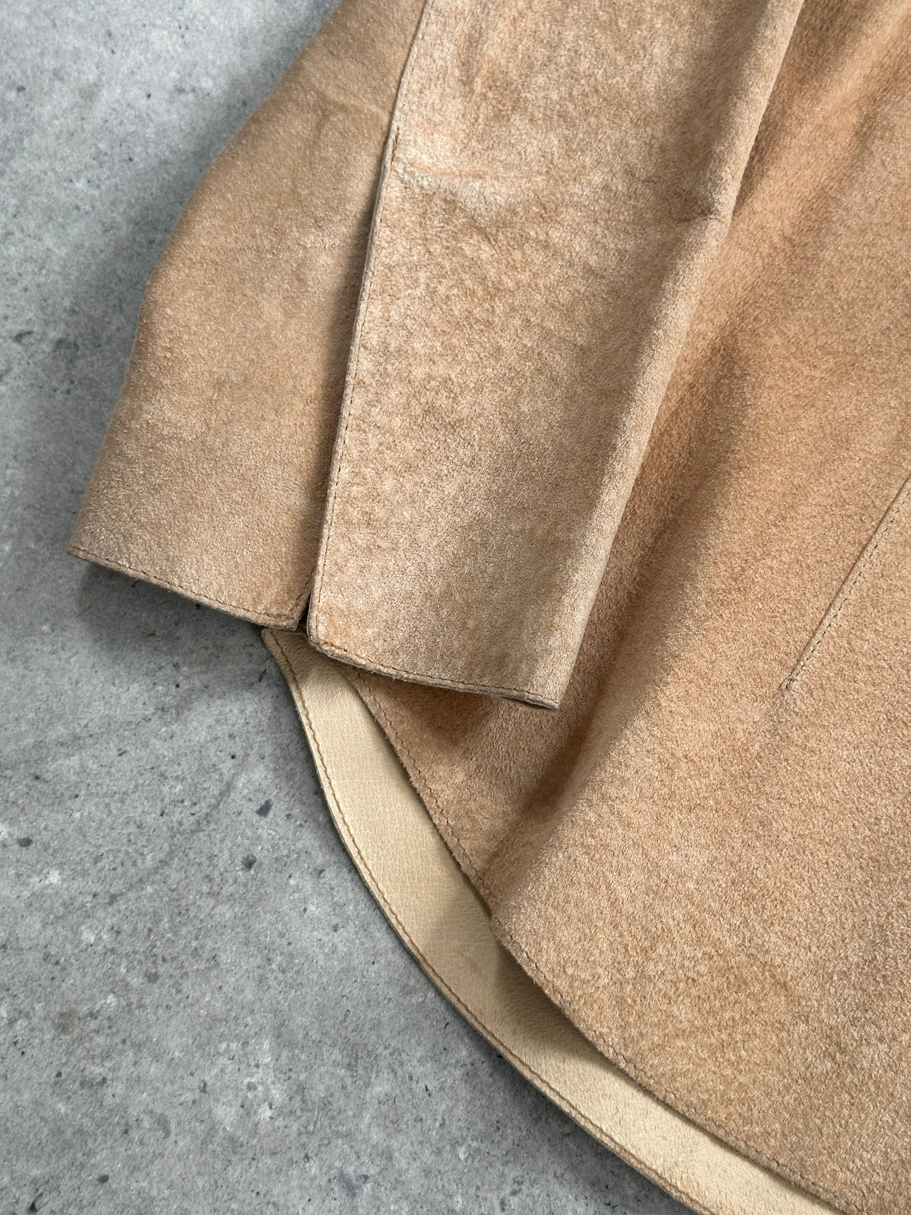 Donna Karan DKNY 2000s suede shirt with concealed placket, XS size, featuring a stylish leather jacket design.