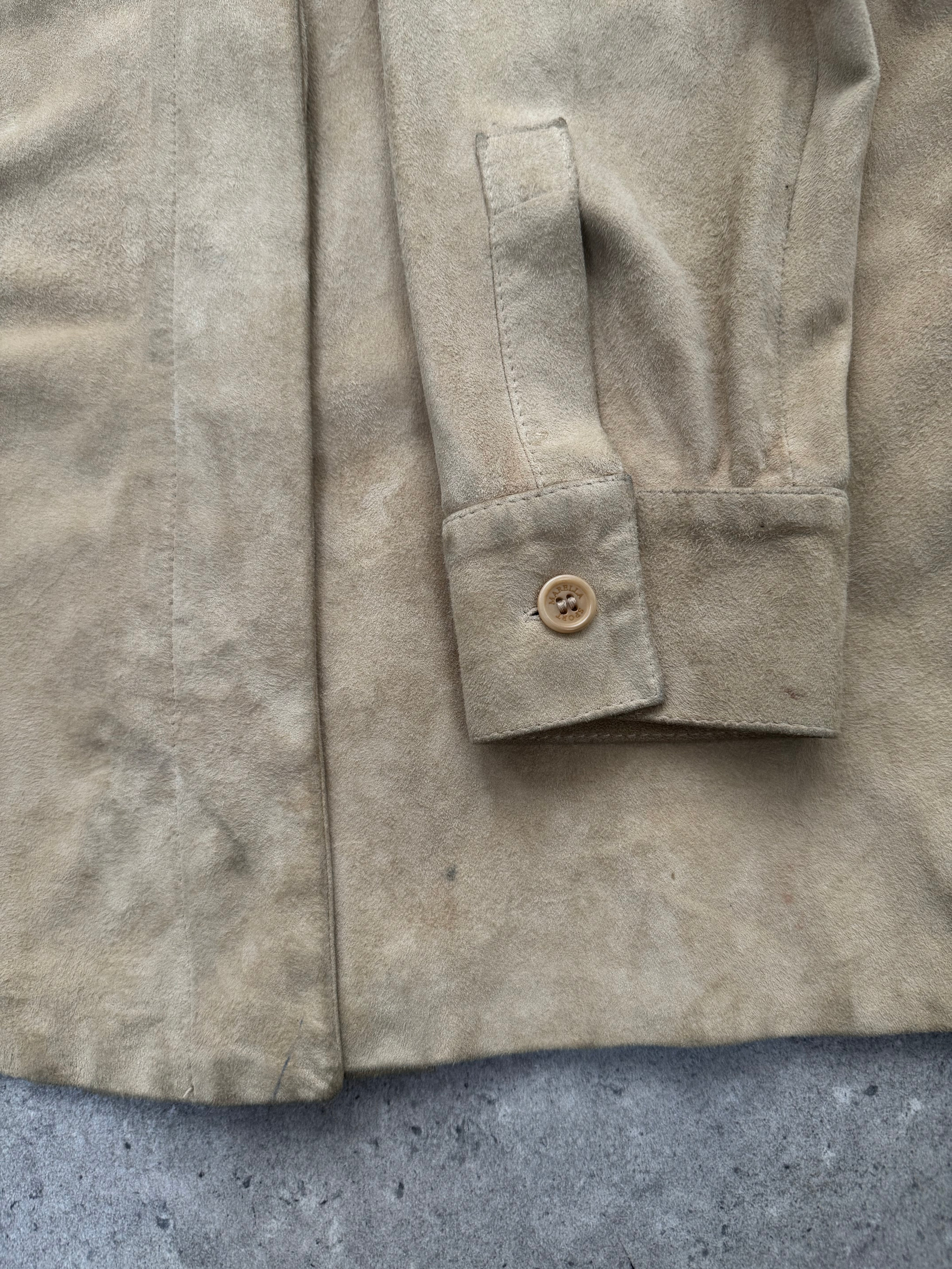 Marella 1990s suede minimal shirt in brown, long-sleeve design with a classic collar and relaxed fit, displayed on a white background.