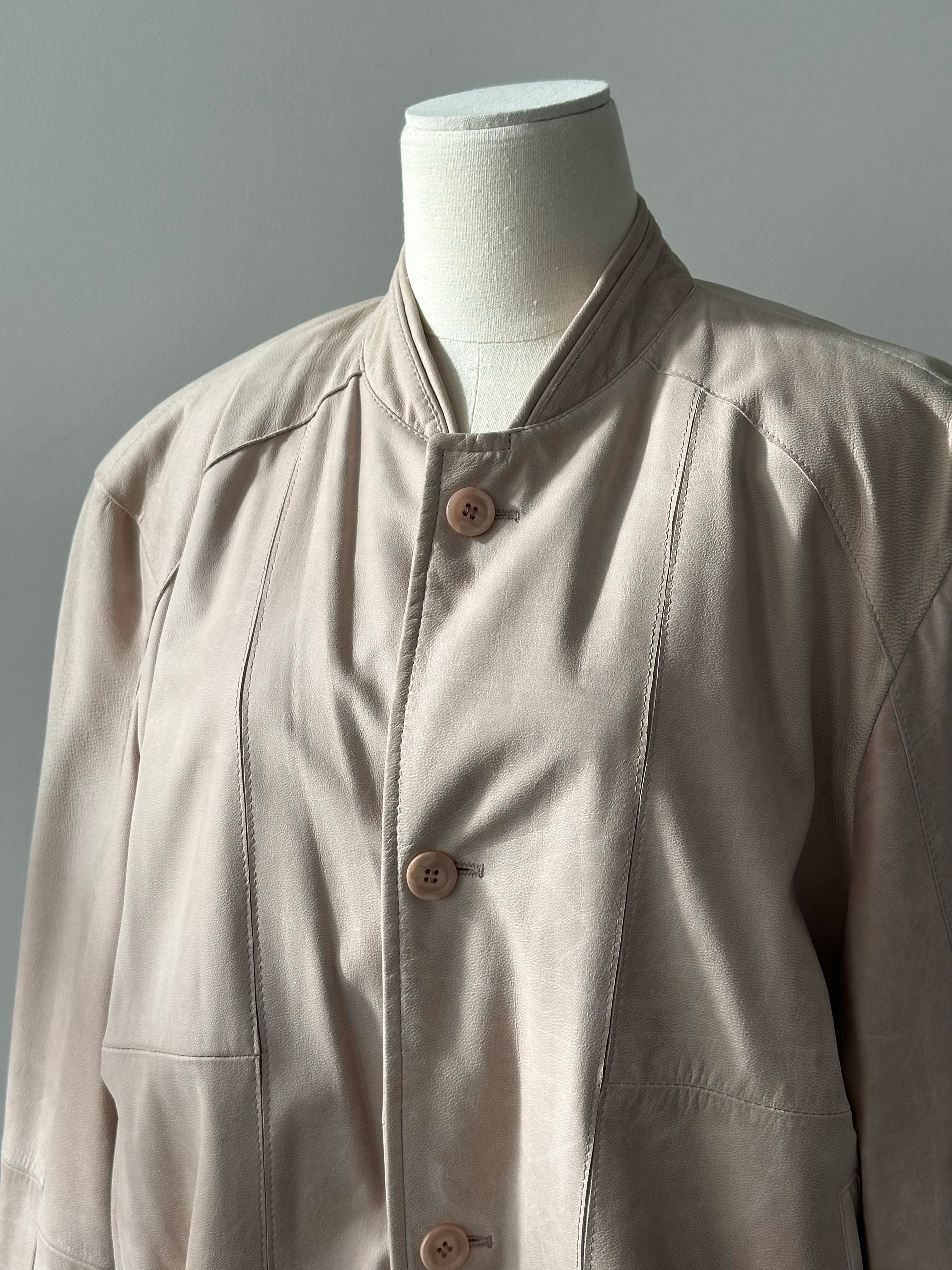 Vintage 1990s Leather Collarless Bomber Jacket - L/XL