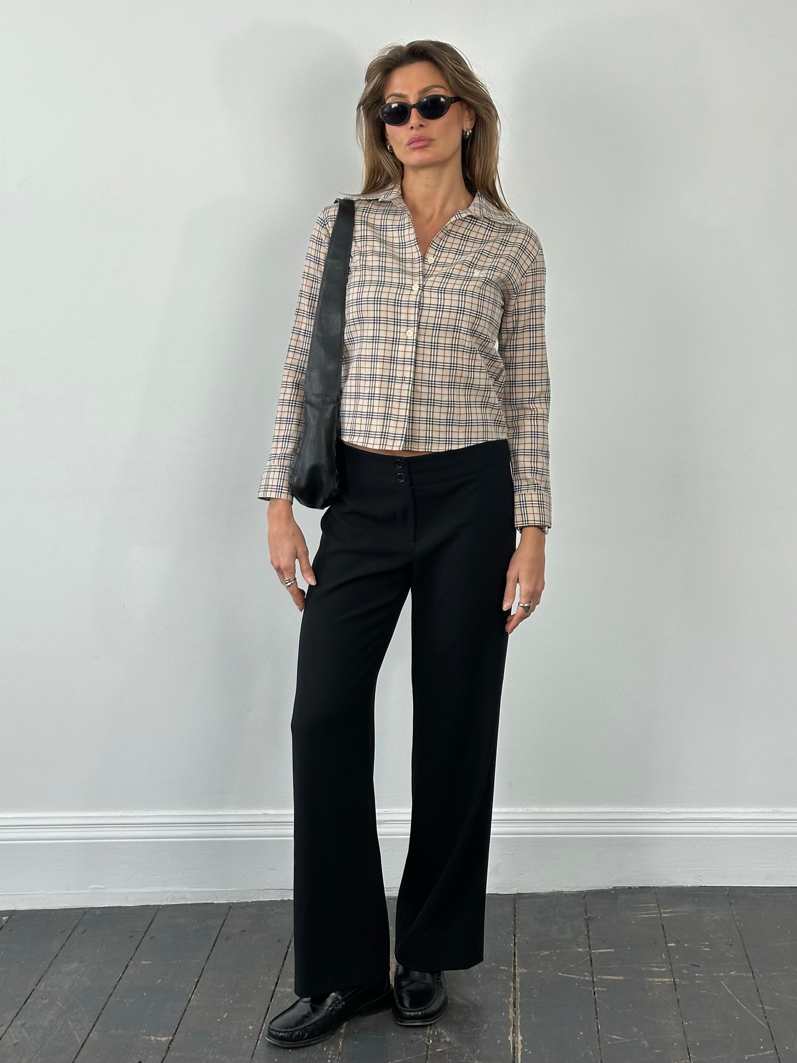 Burberry London 2000s cotton check shirt in XS with classic beige and black check pattern, collared with button-down front.