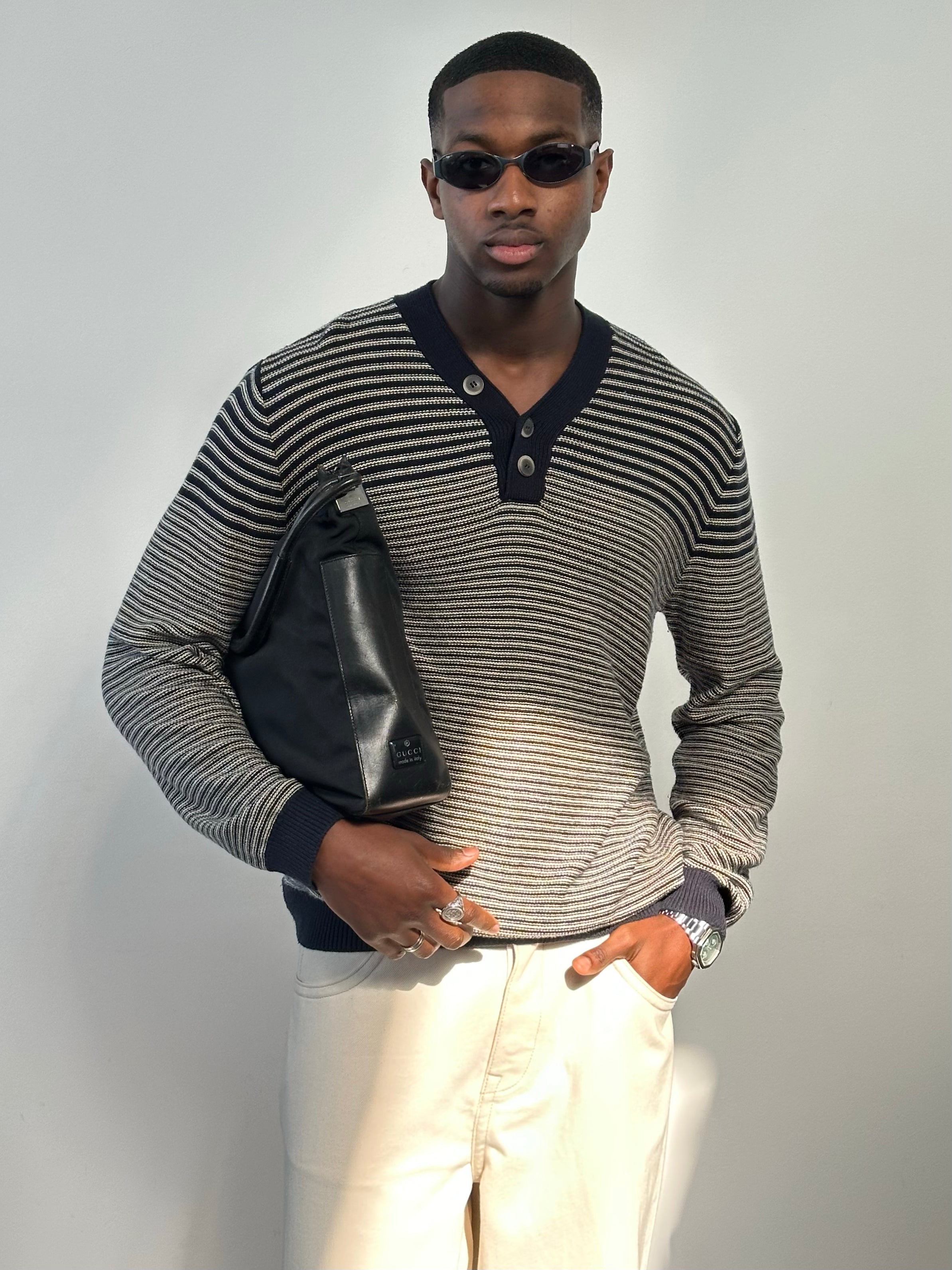 Hugo Boss 2000s pure cotton striped Henley jumper in XL, featuring a classic crew neck and bold stripe pattern.