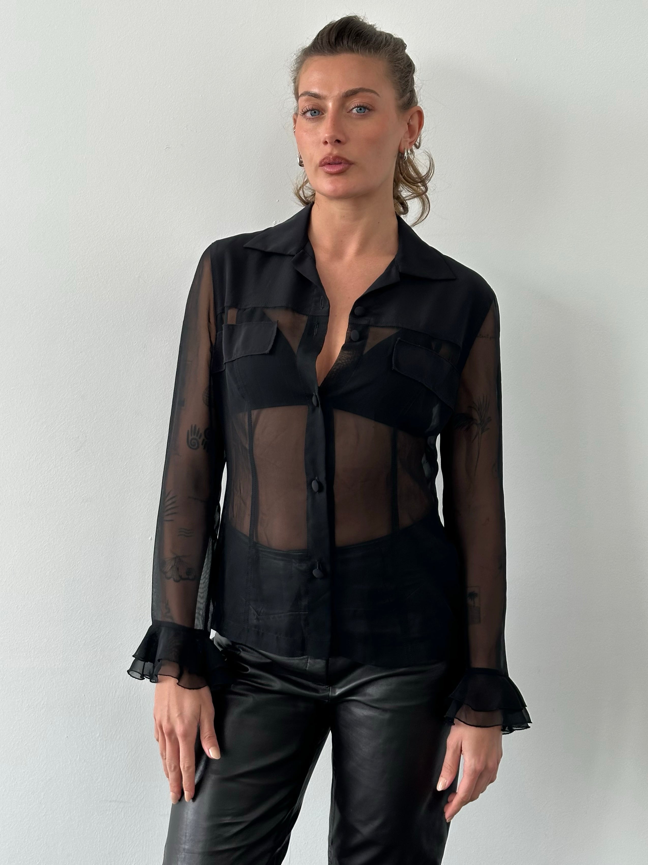 Vintage 1990s Ruffle Sleeve Sheer Shirt - M
