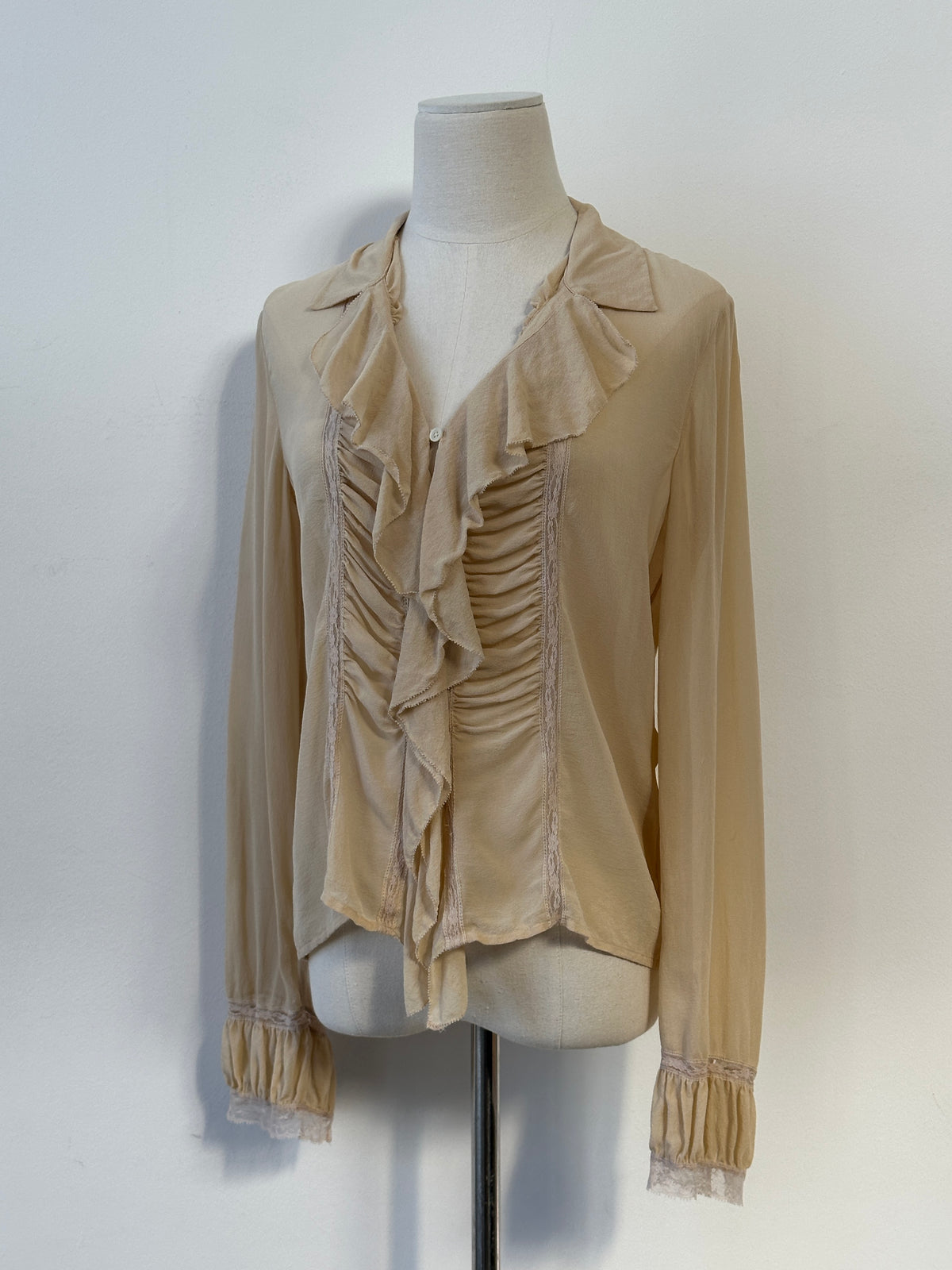 Donna Karan 2000s Pure Silk Sheer Ruffle Shirt - S