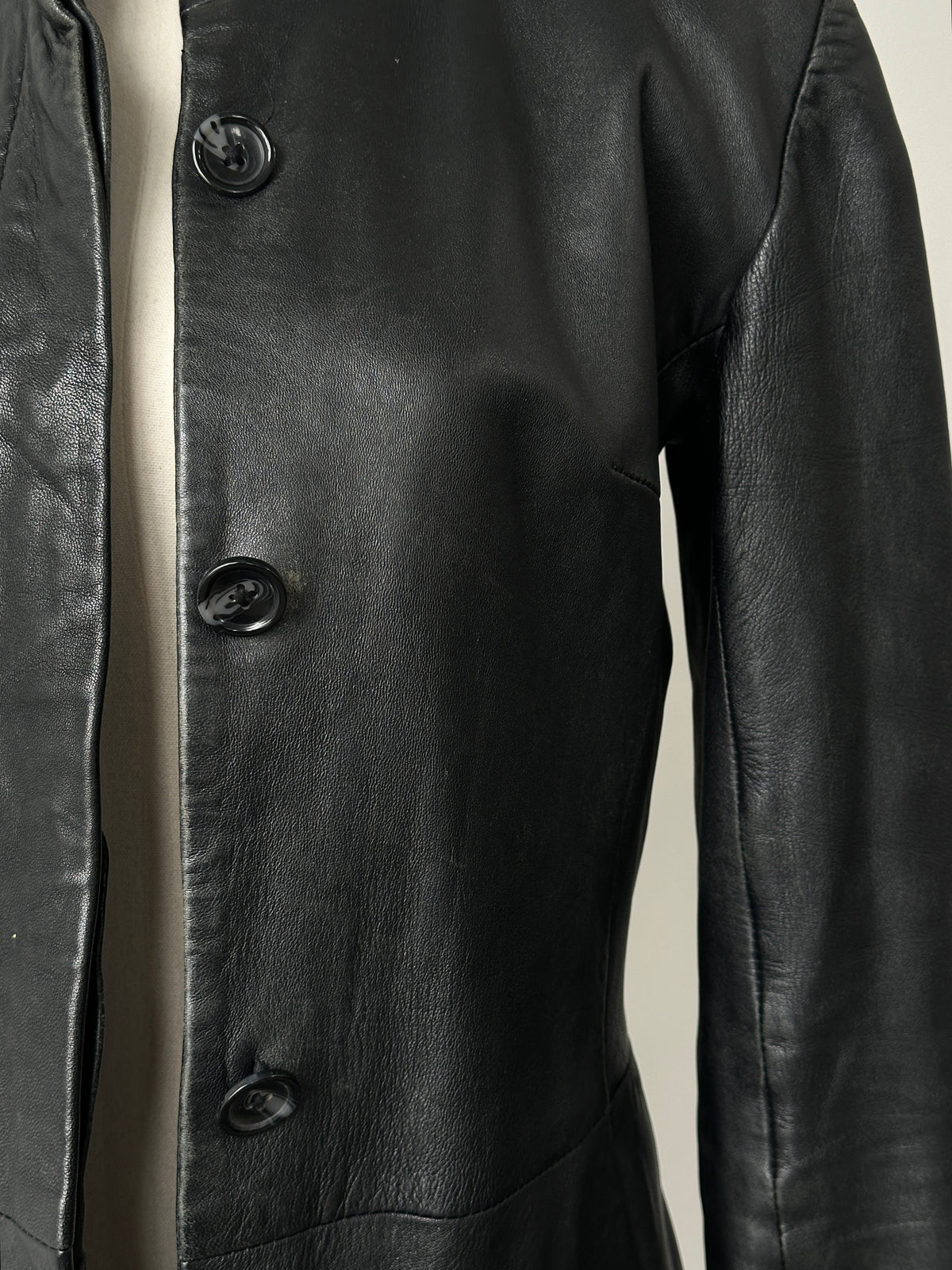 Vintage 1990s High Neck Concealed Placket Leather Trench Coat - XS-S