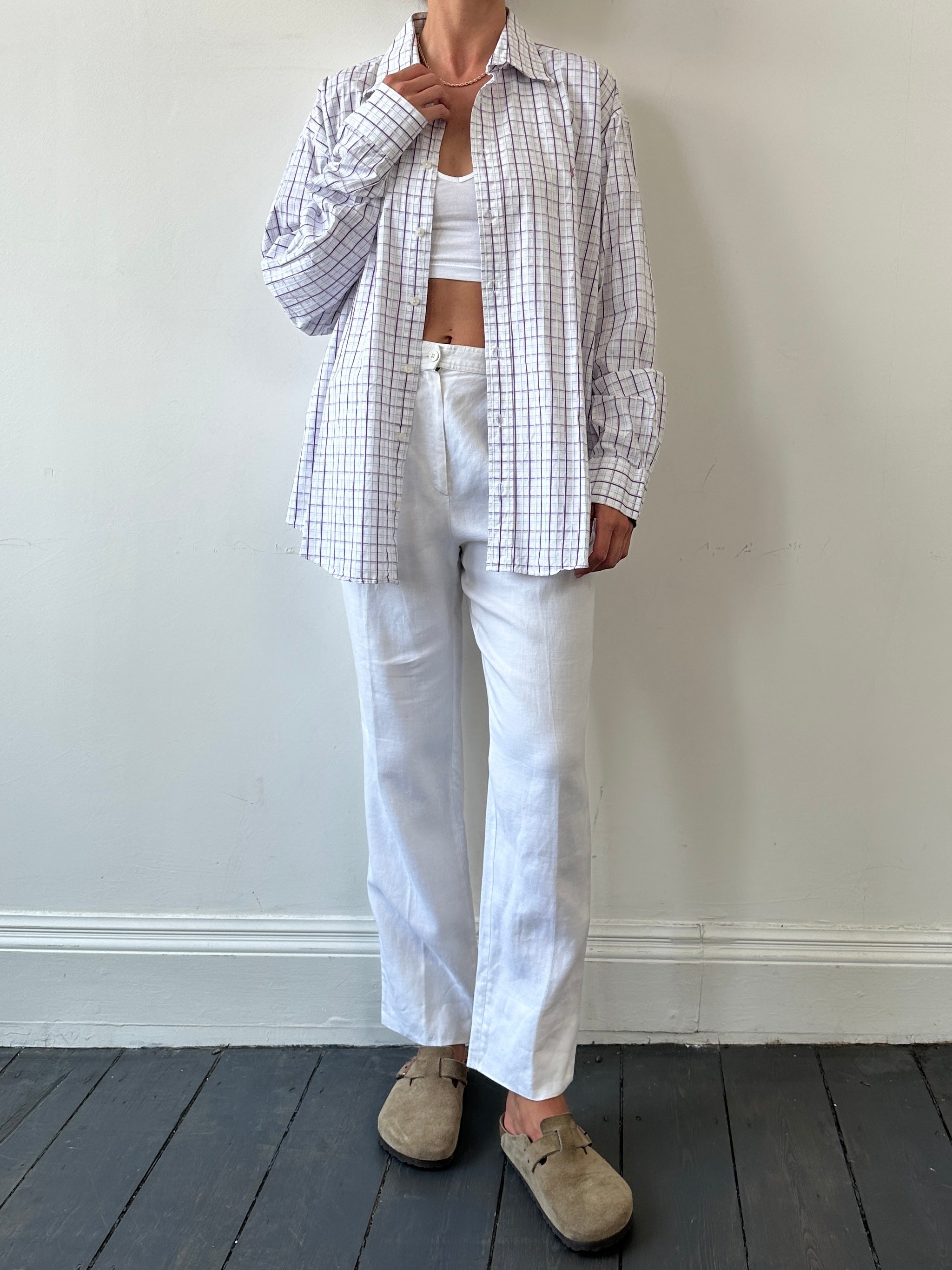 Valentino Miss V Pure Linen High Waisted Trousers in beige, showcasing a tailored fit and high waist design.