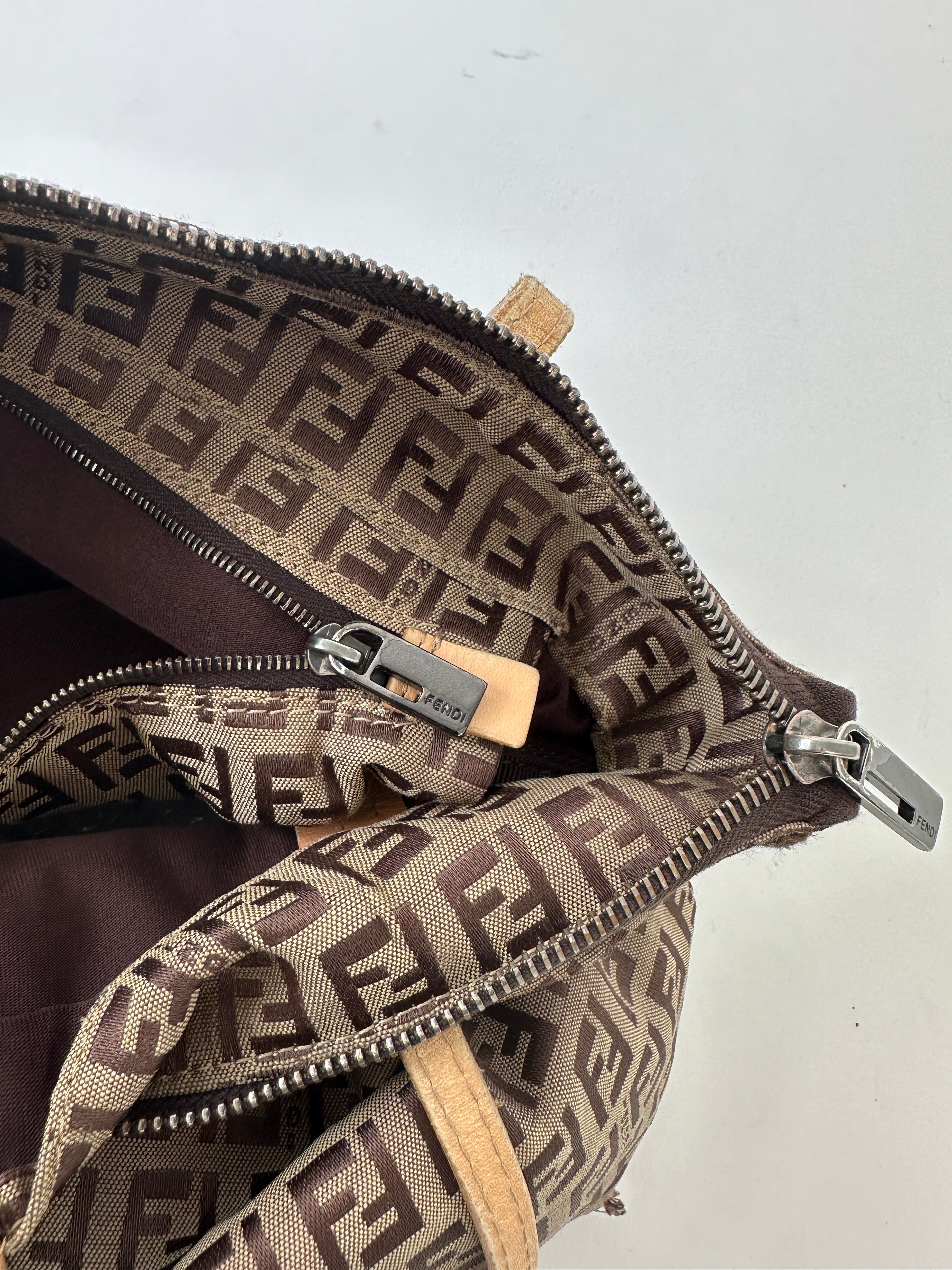 Fendi FF Monogram shoulder bag with leather strap and gold-tone hardware, featuring the iconic Fendi monogram pattern.