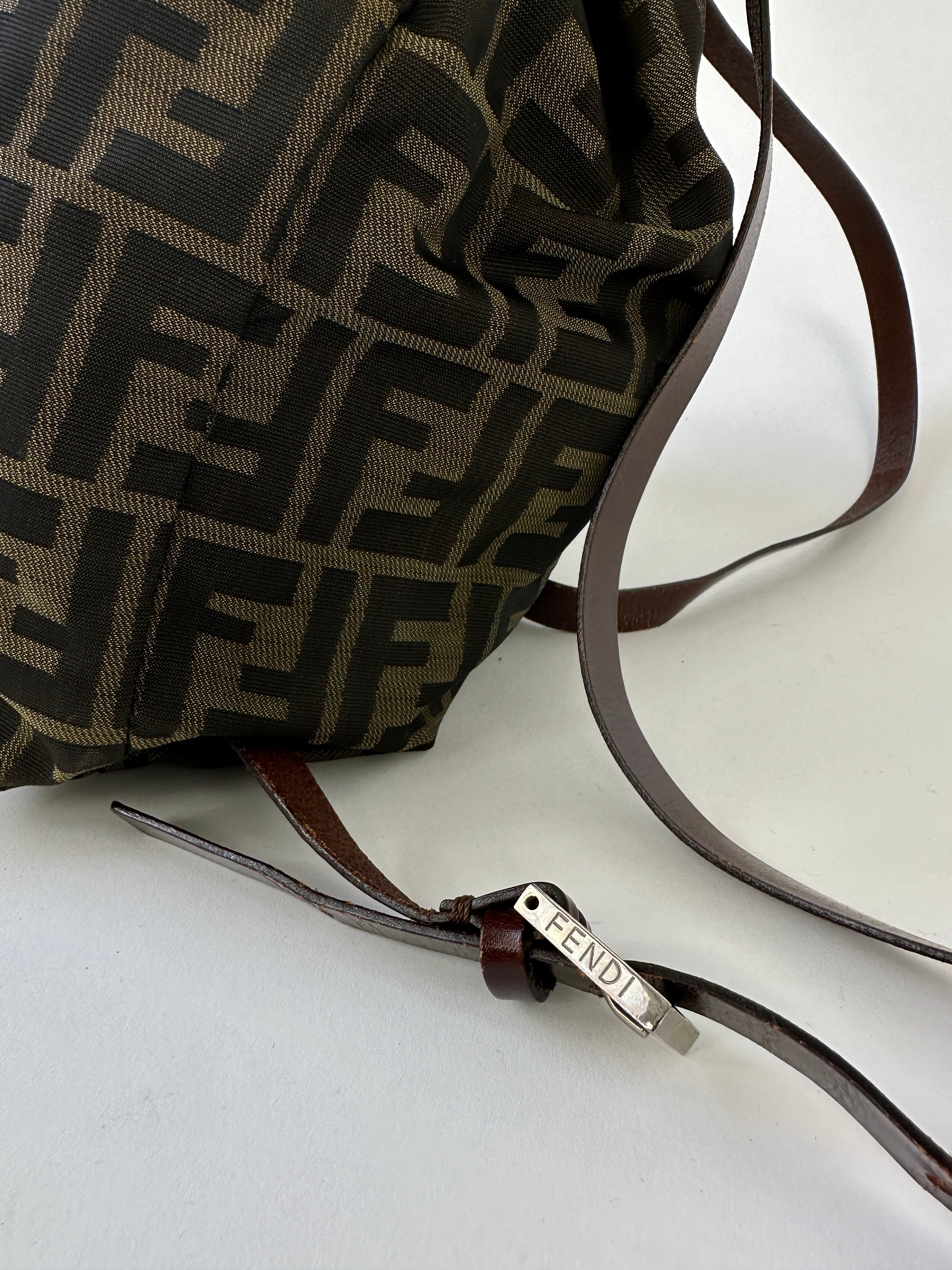 Fendi Zucca FF Monogram Rucksack bag with leather straps and top handle, featuring the classic Fendi monogram pattern.