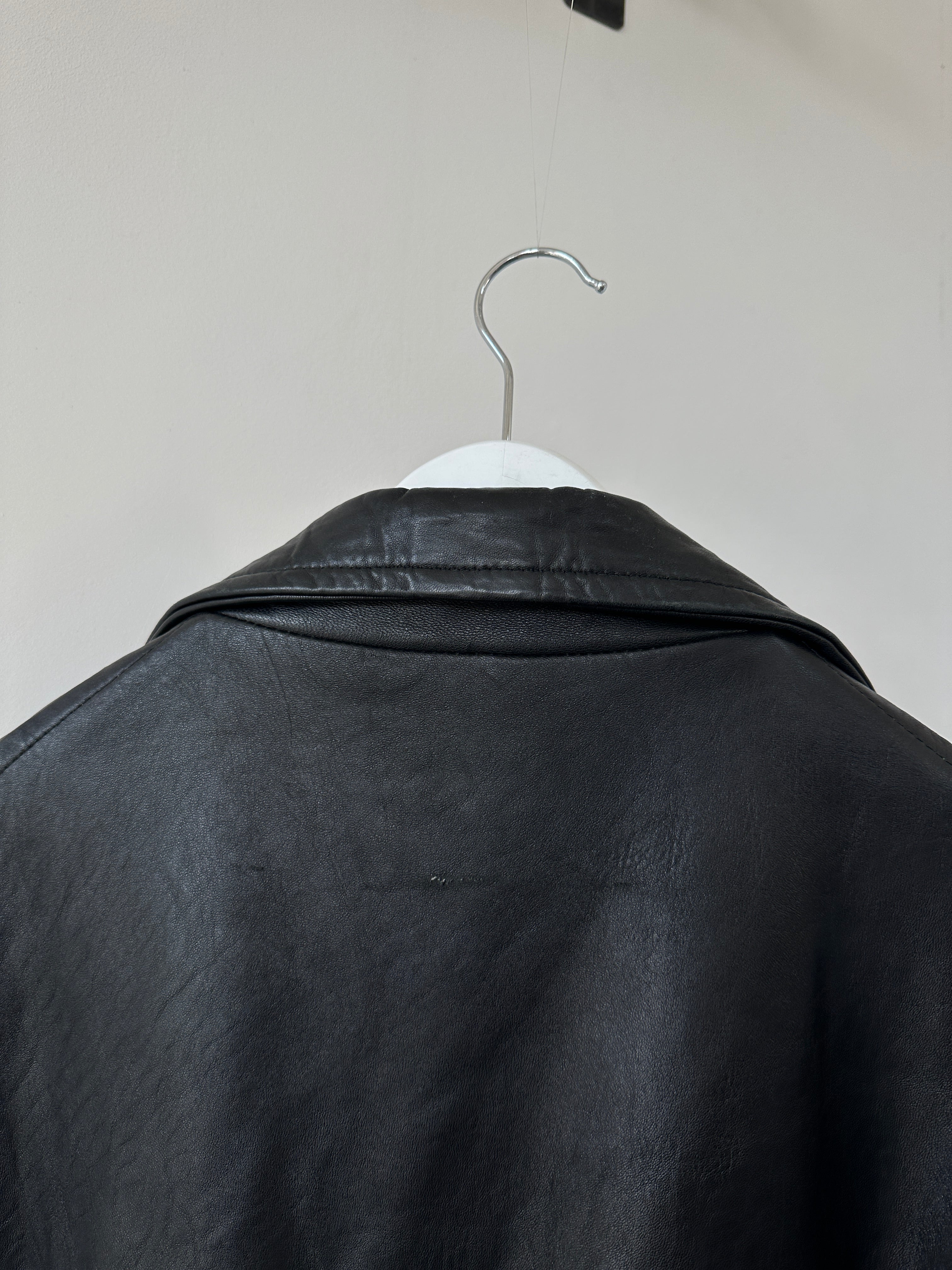 Vintage belted leather floor-length jacket, size M, featuring a classic design with a wide belt and long sleeves.