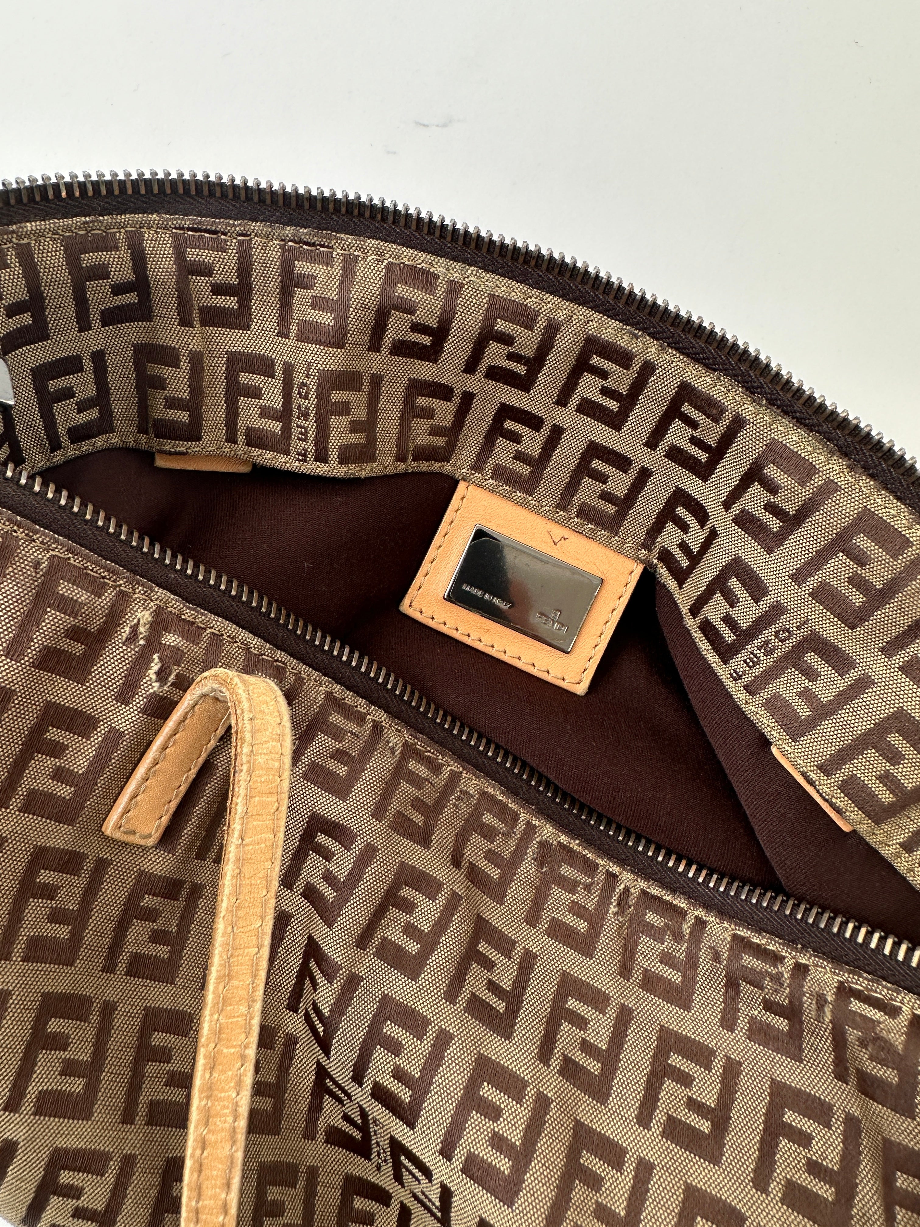 Fendi FF Monogram shoulder bag with leather trim and adjustable strap, featuring the iconic Fendi logo pattern.