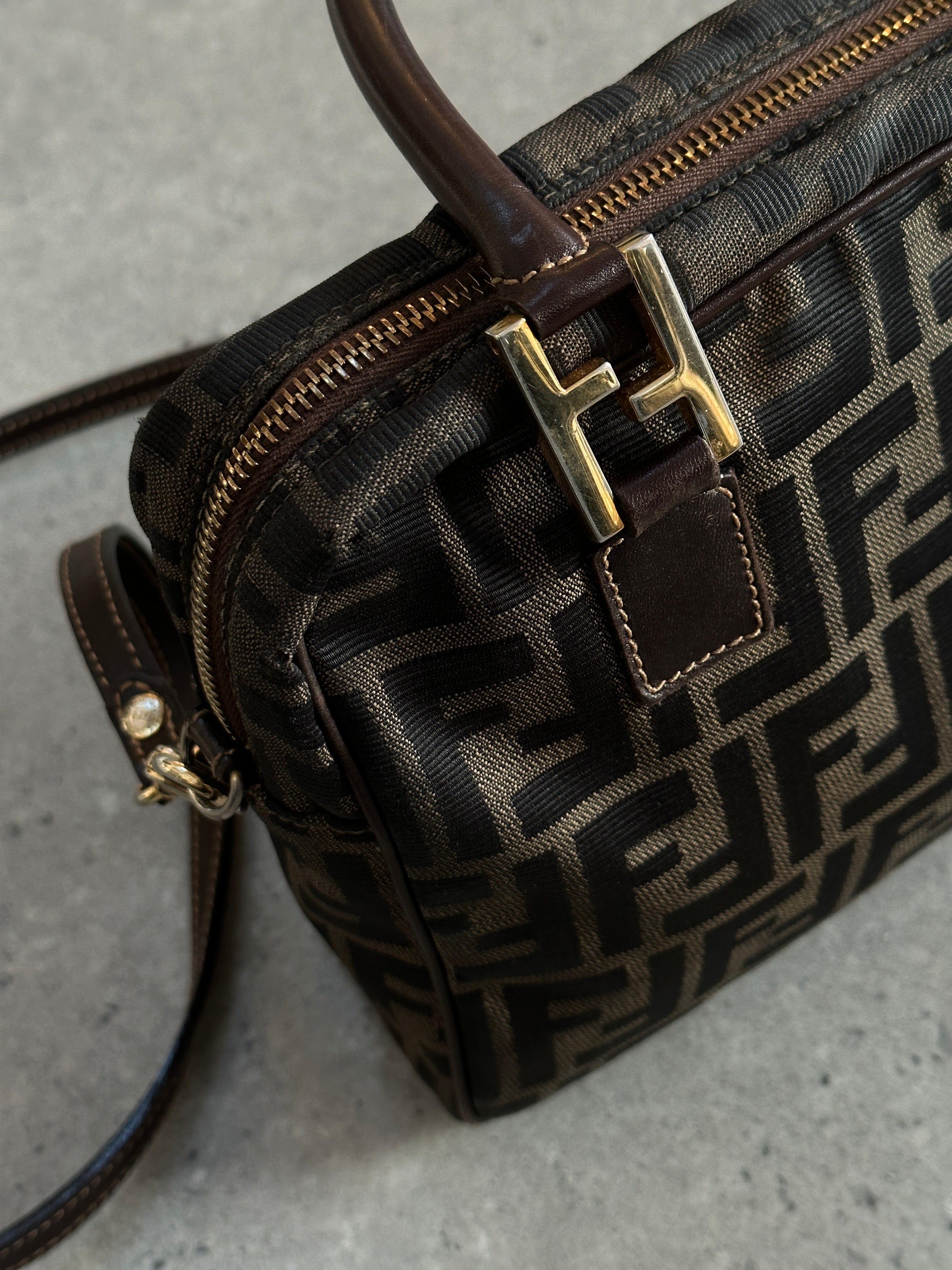 Fendi Zucca Monogram crossbody bag with adjustable strap, featuring signature FF logo print and leather accents.