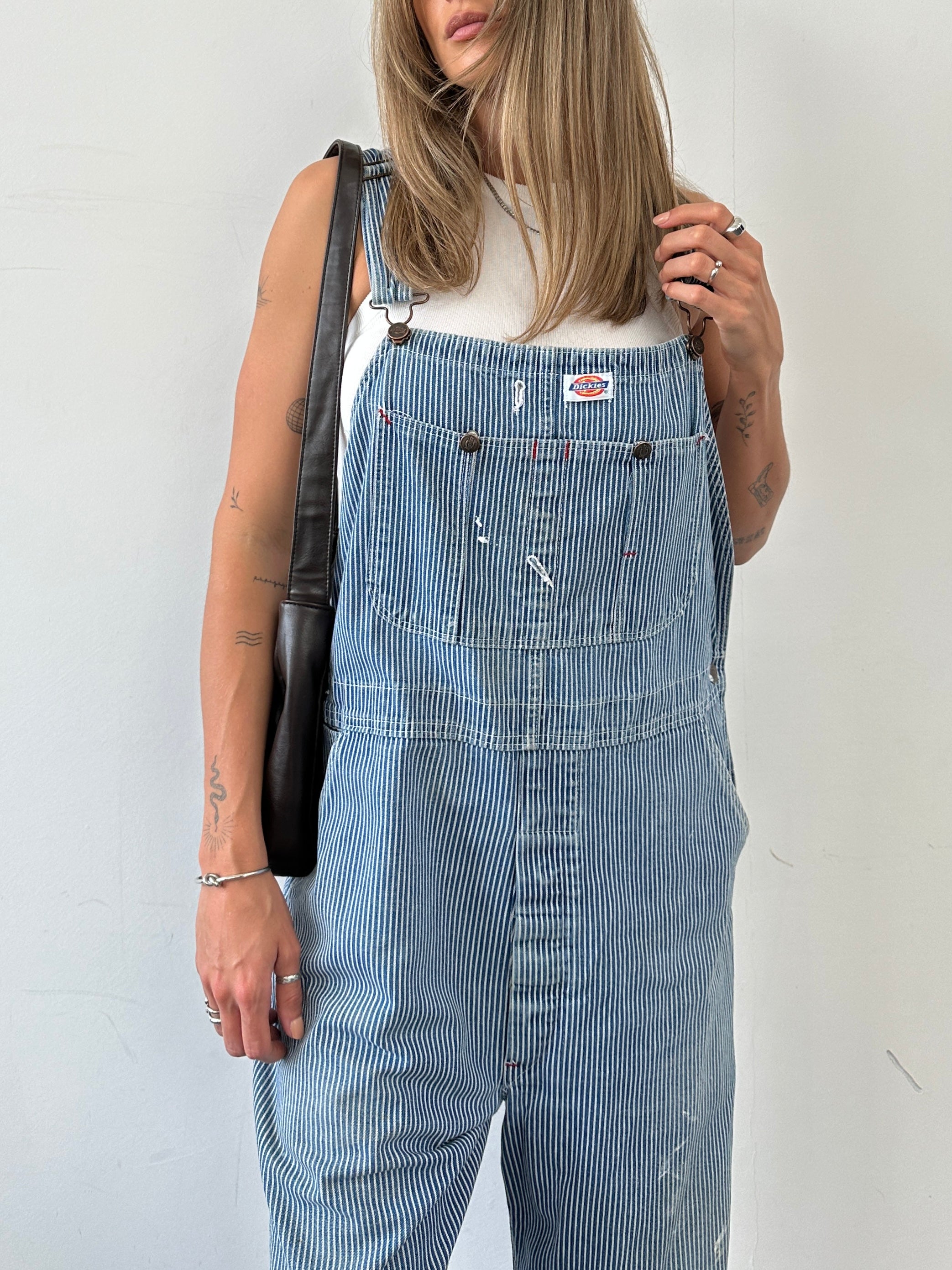 Dickies pinstripe cotton dungarees in size M/L, featuring classic style and durable fabric, shown on a mannequin.