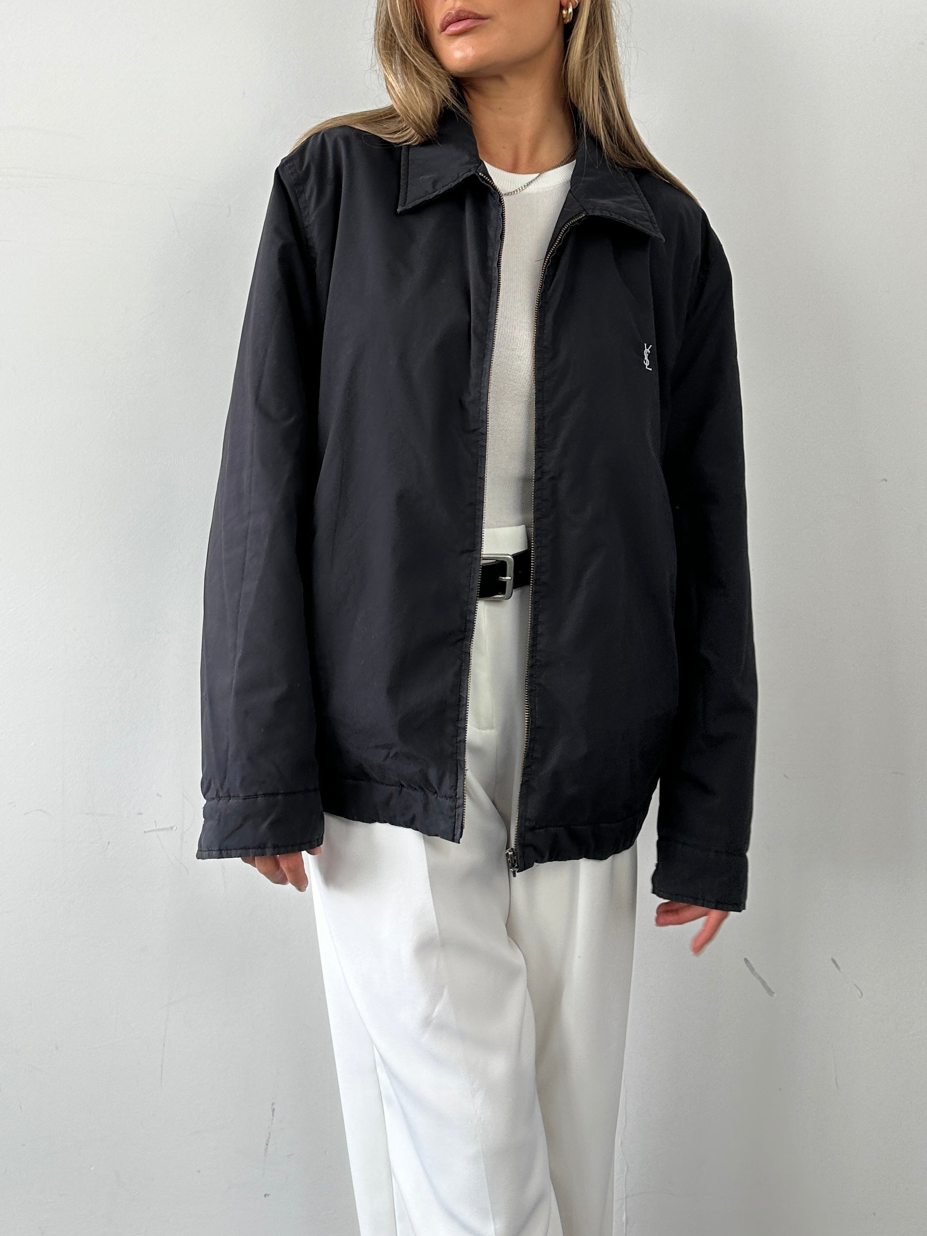Yves Saint Laurent Pour Homme logo padded bomber jacket in XL with quilted design and front zip closure.