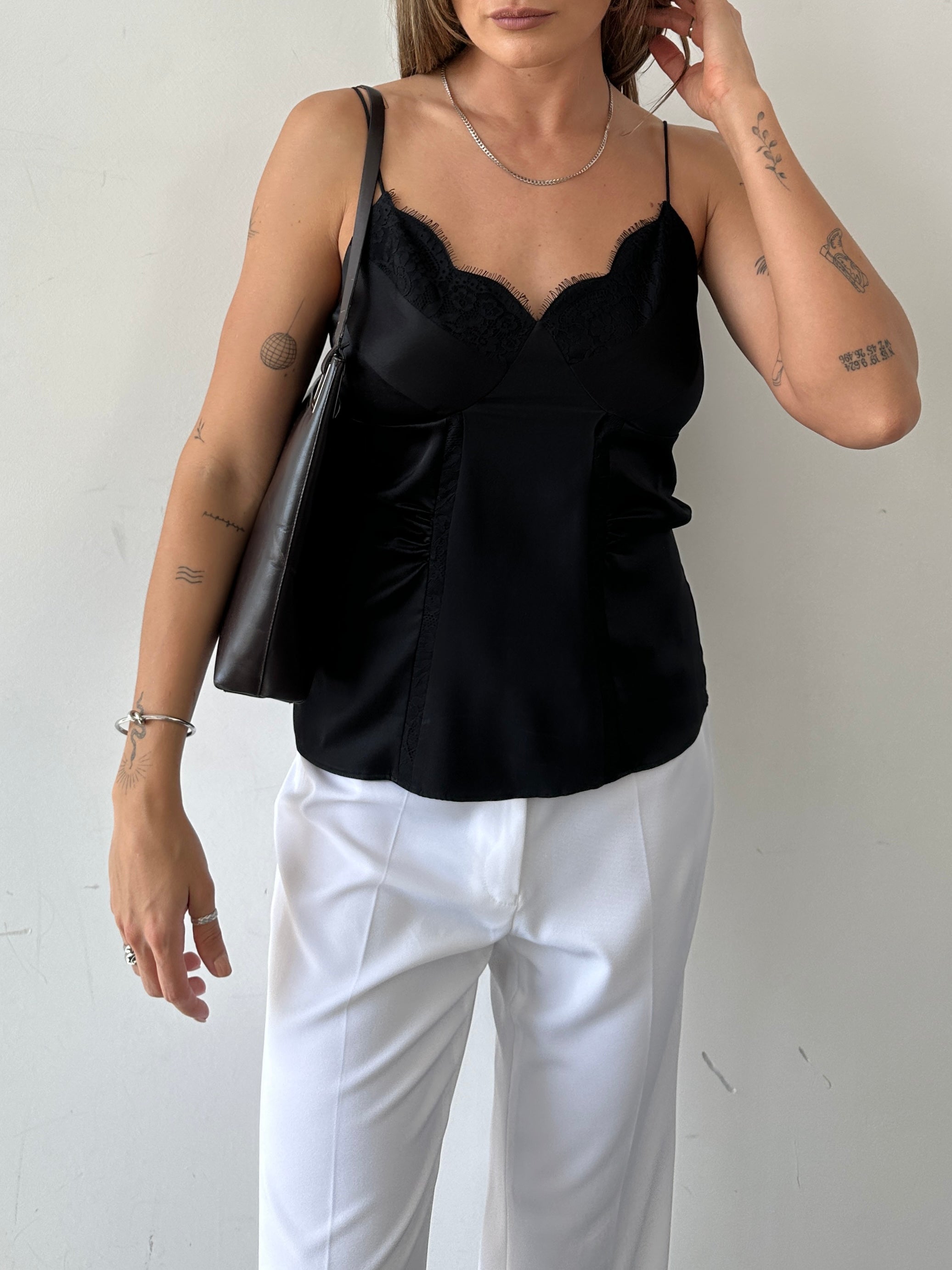 Jaeger silk lace trim cami top in size small, featuring delicate lace details and smooth silk fabric, displayed on a neutral background.