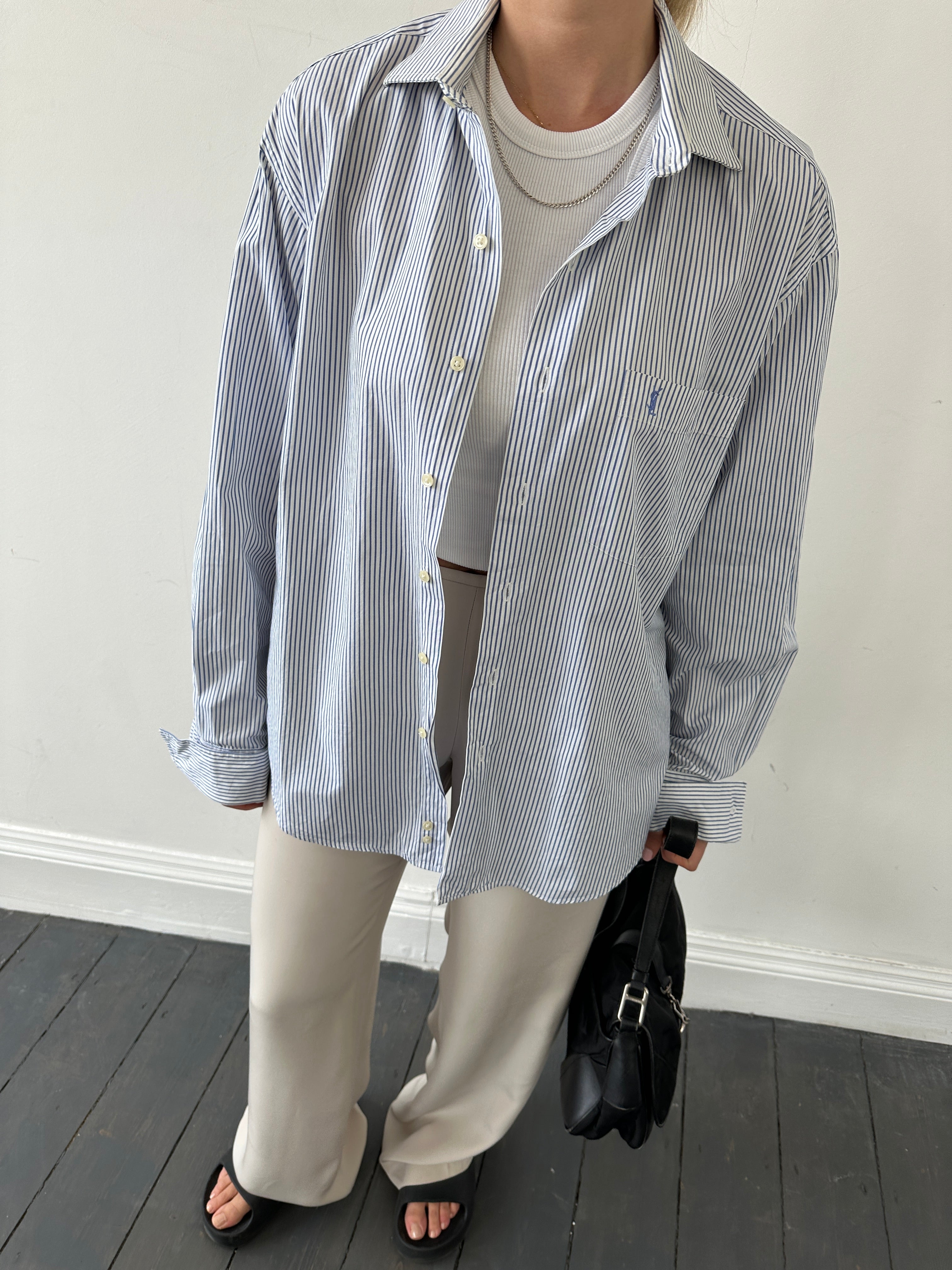 Yves Saint Laurent Diffusion Hommes pinstripe dress shirt in size L, featuring a classic collar and button-front design.