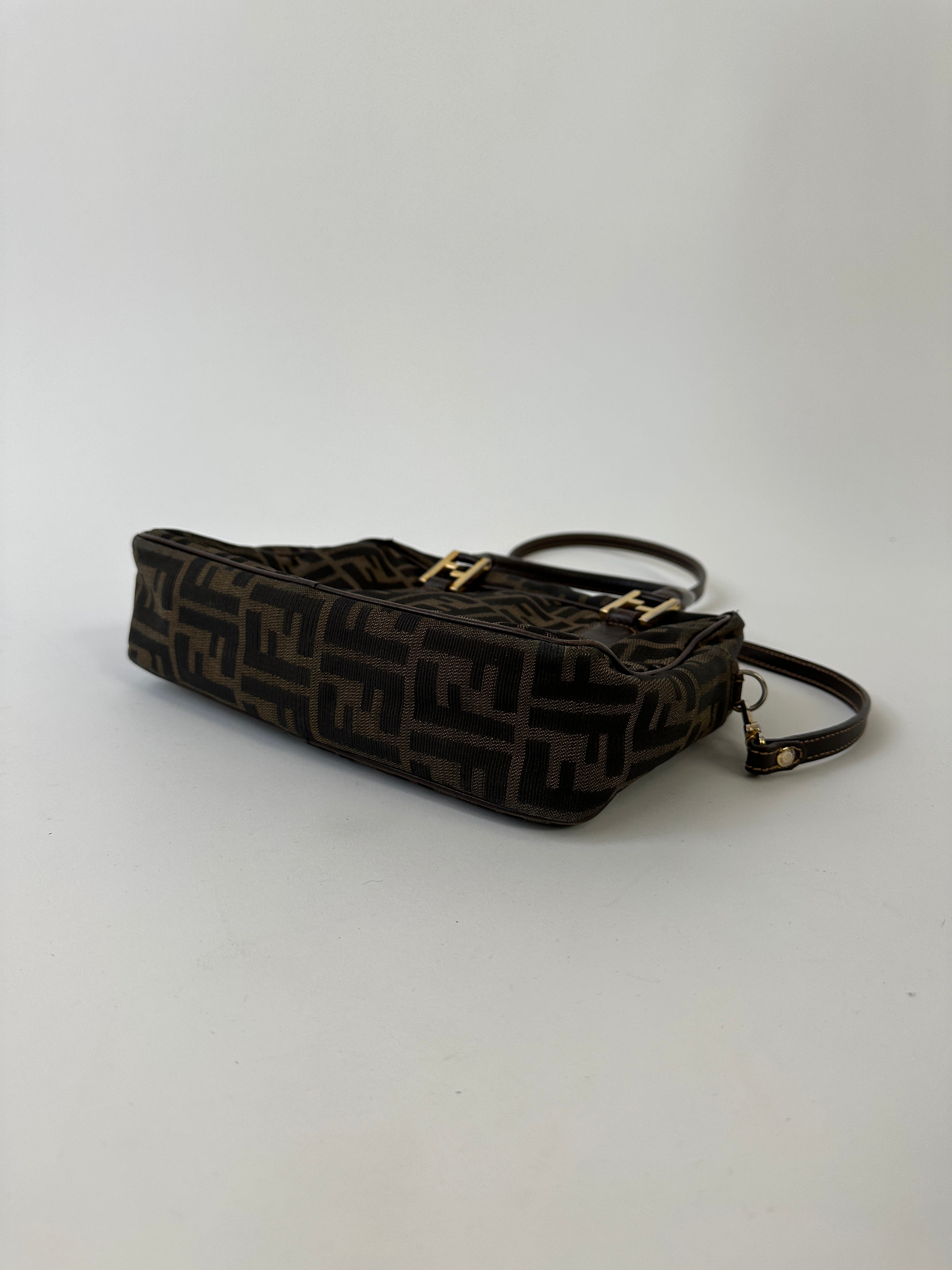 Fendi Zucca Monogram Crossbody Bag with leather strap, signature Fendi monogram canvas, and gold-tone hardware.