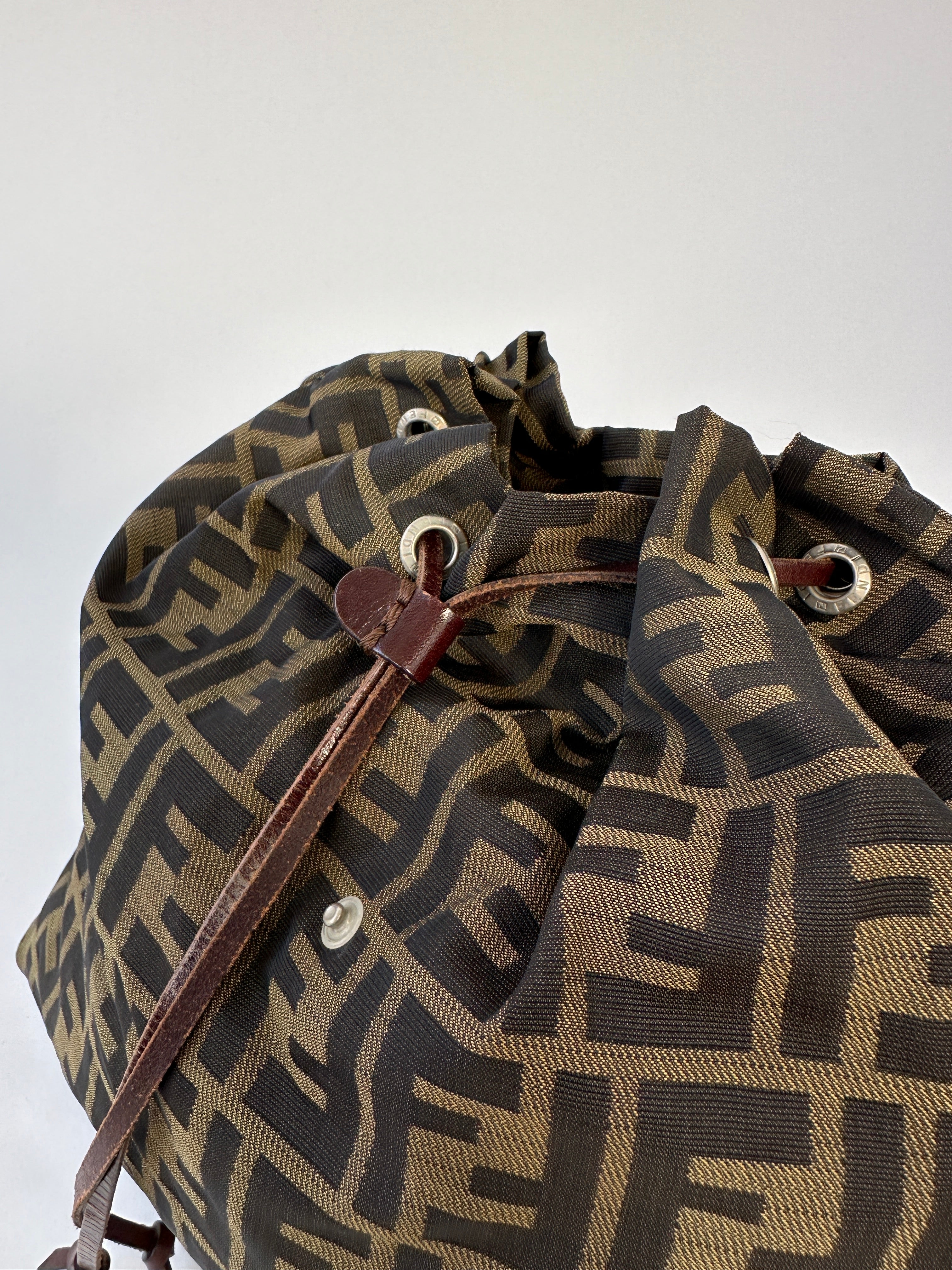 Fendi Zucca FF monogram rucksack bag with adjustable straps and top handle, featuring signature Fendi print and zipper closure.