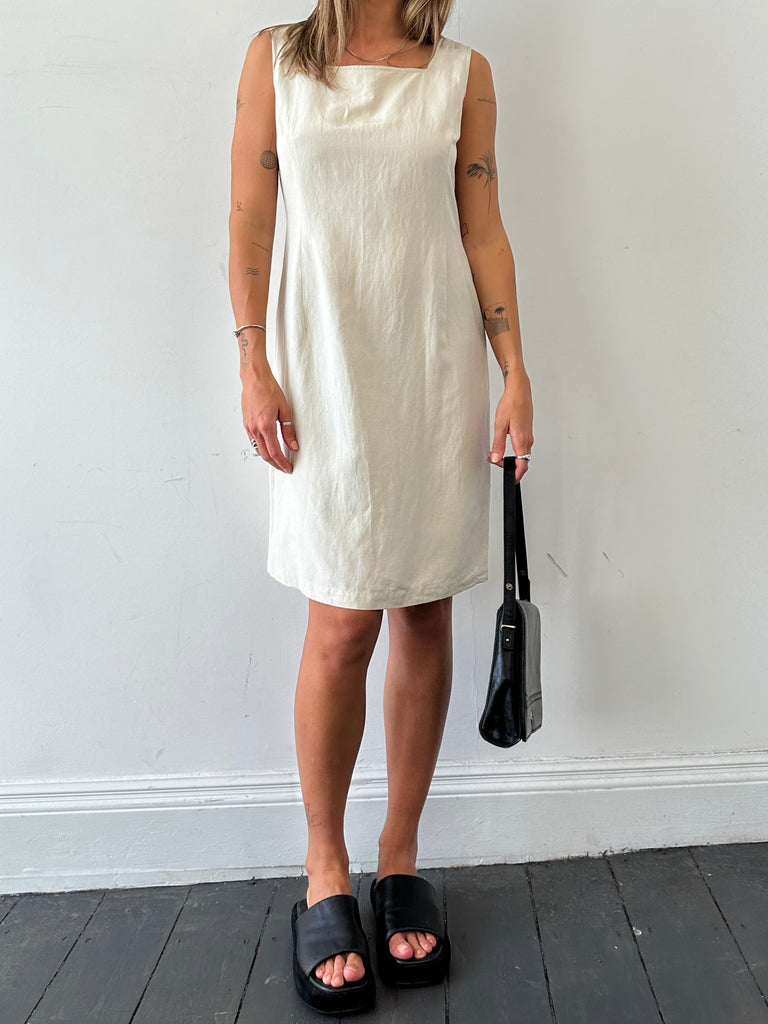 Laura Ashley Silk Linen Square Neck Midi Dress - M - SYLK