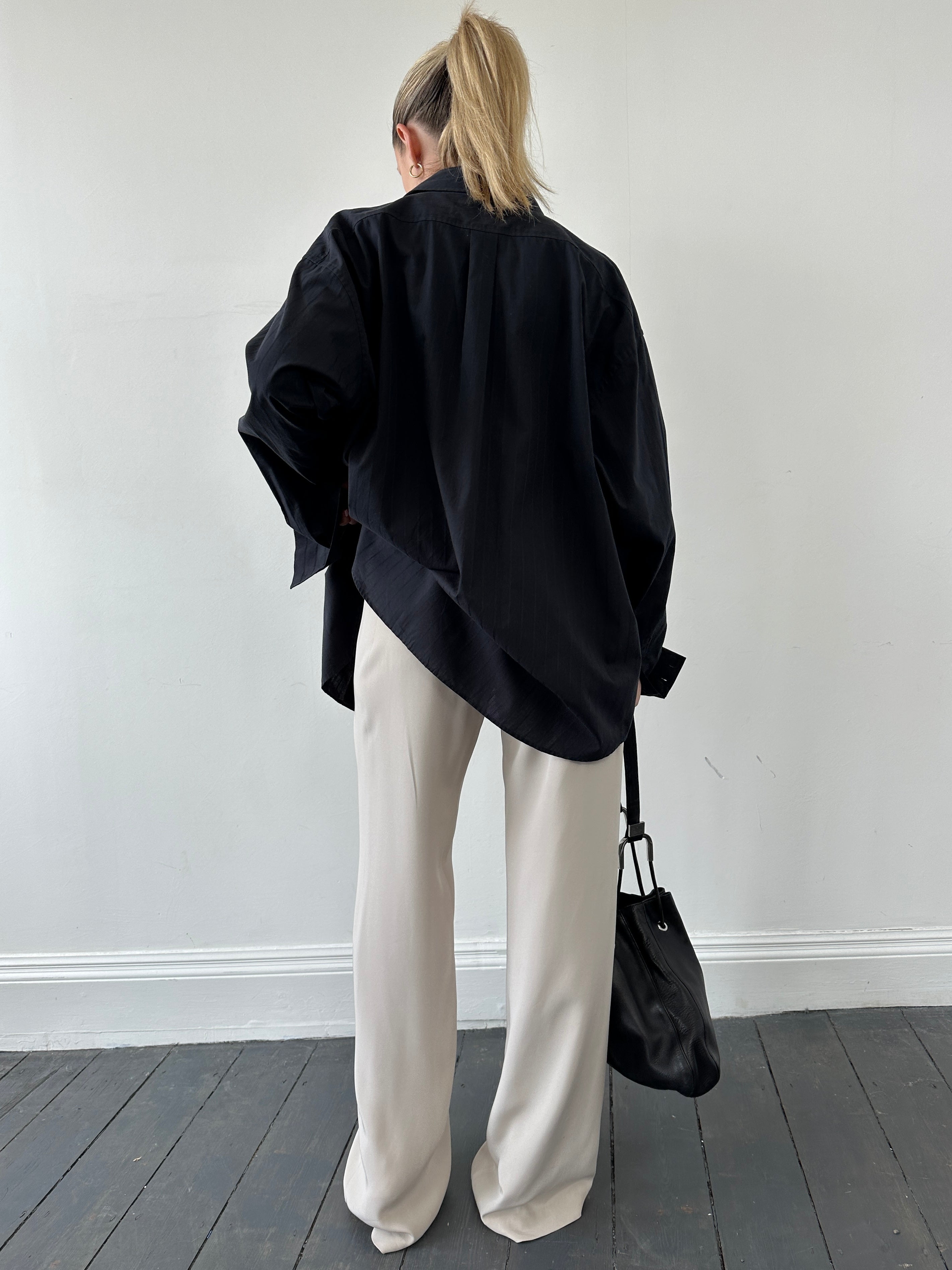 Yves Saint Laurent pinstripe cotton shirt in XXL, featuring classic blue and white vertical stripes, long sleeves, and button front.