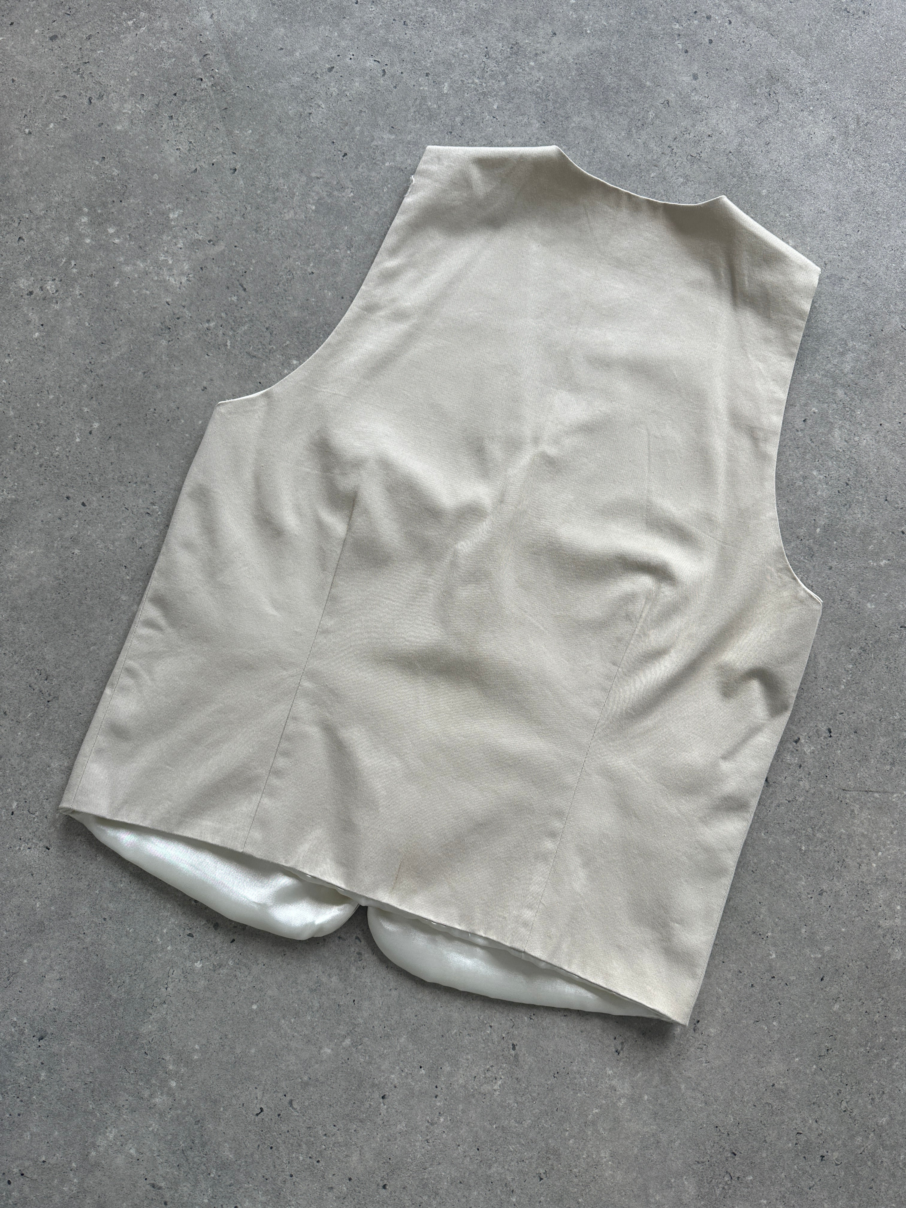 Vintage brand vintage cotton twill waistcoat, men's S/M size, showing front view with classic design and button details.