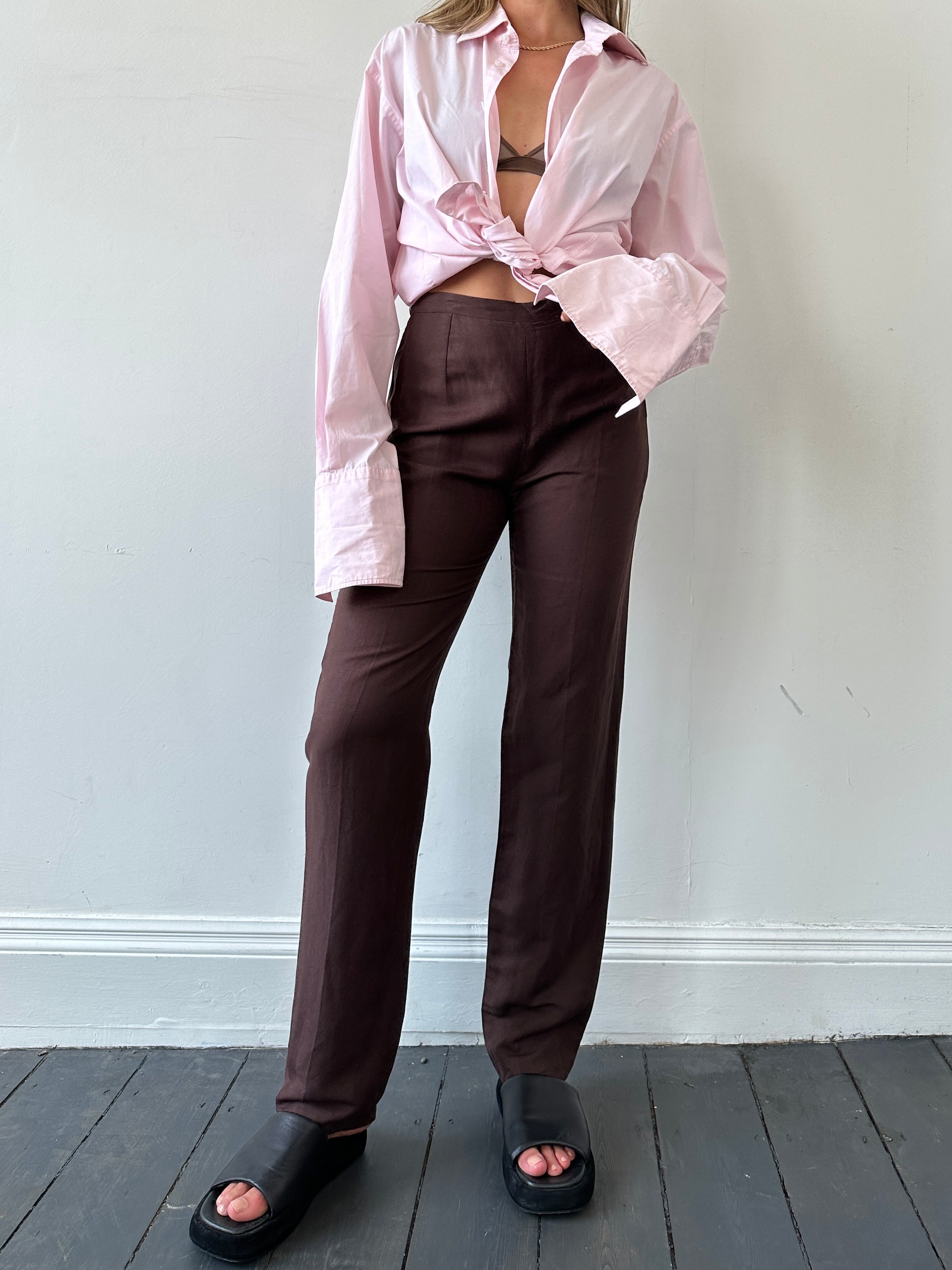 Marella Linen High Waisted Trousers in W26, showcasing the lightweight fabric and tailored fit with a high waist design.
