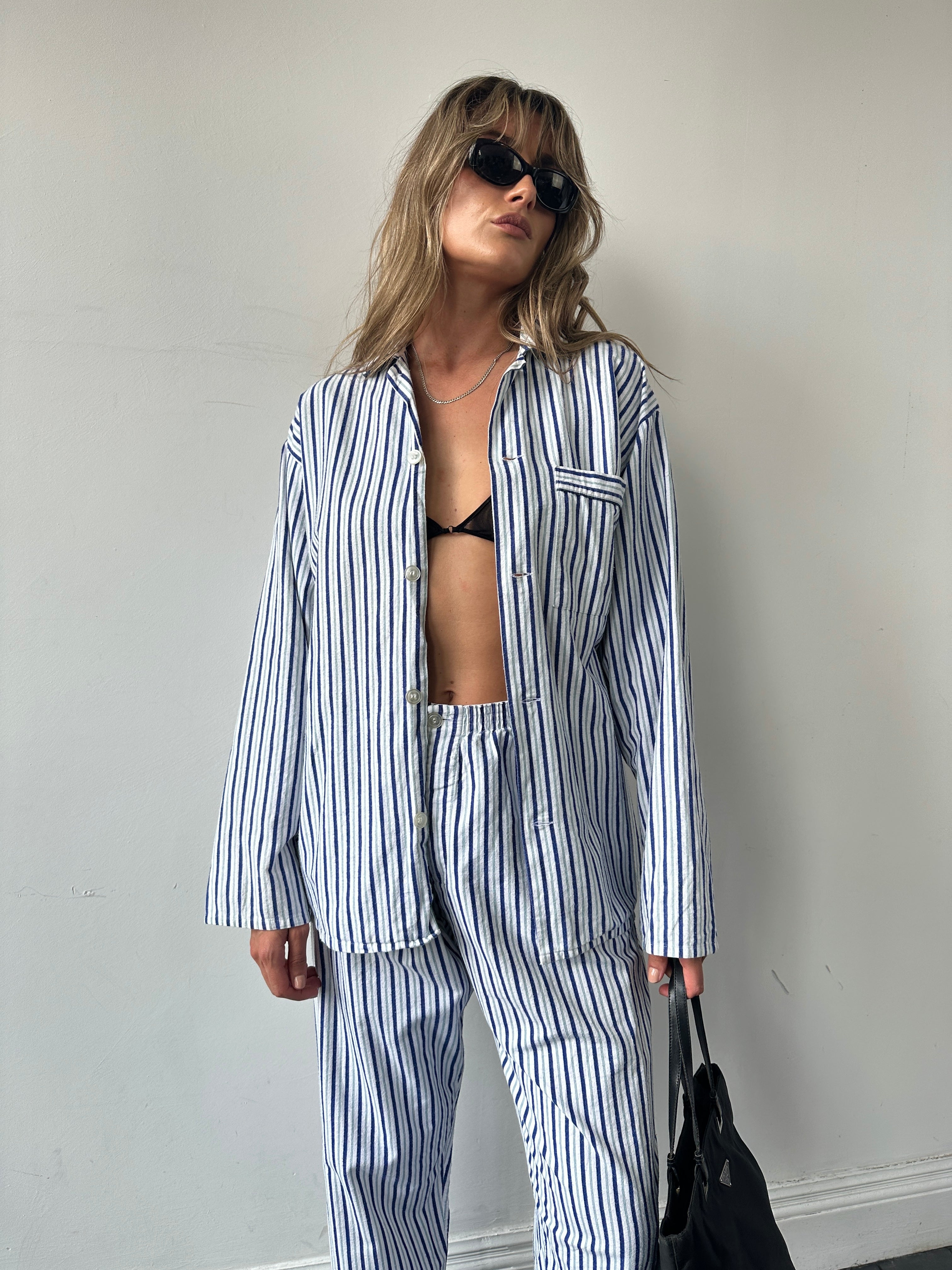 St Michael brushed cotton stripe two-piece pyjama set with long sleeves and pants, featuring blue and white stripes.