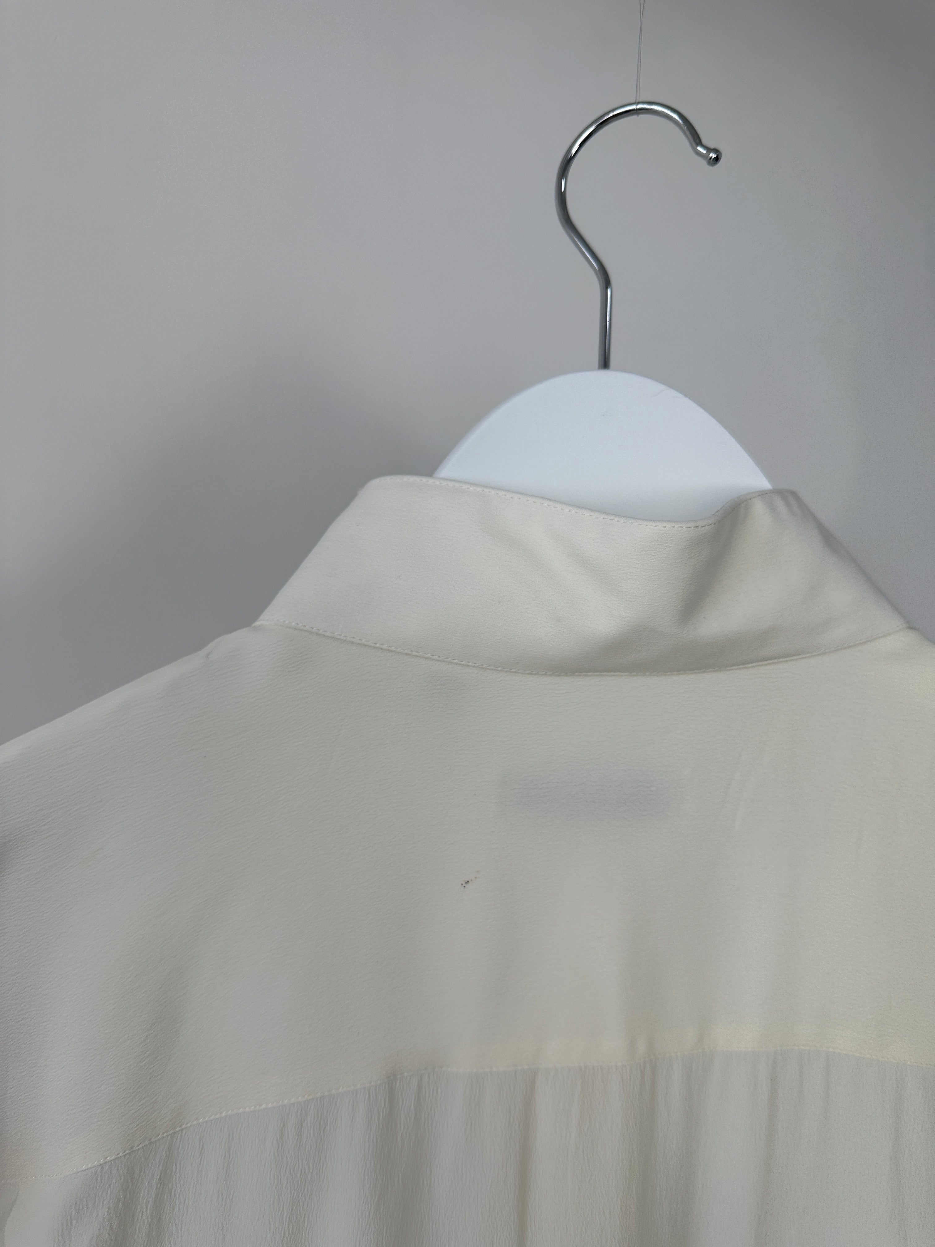 Italian Vintage silk flowy double collar dress shirt, M/L, with elegant design and soft fabric, displayed on a hanger.