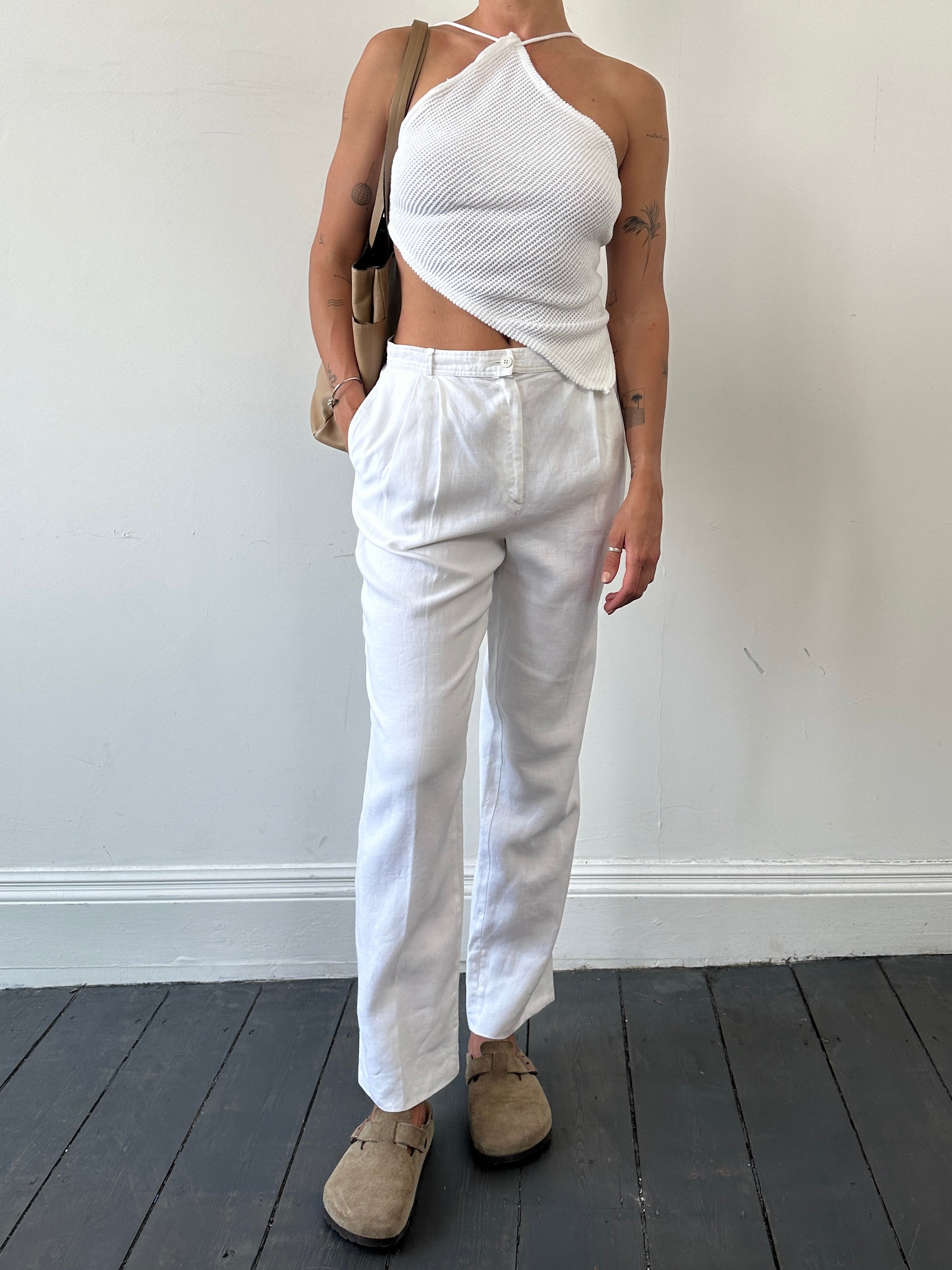 Valentino Miss V Pure Linen High Waisted Trousers shown in natural beige fabric with a tailored fit and high waist design.