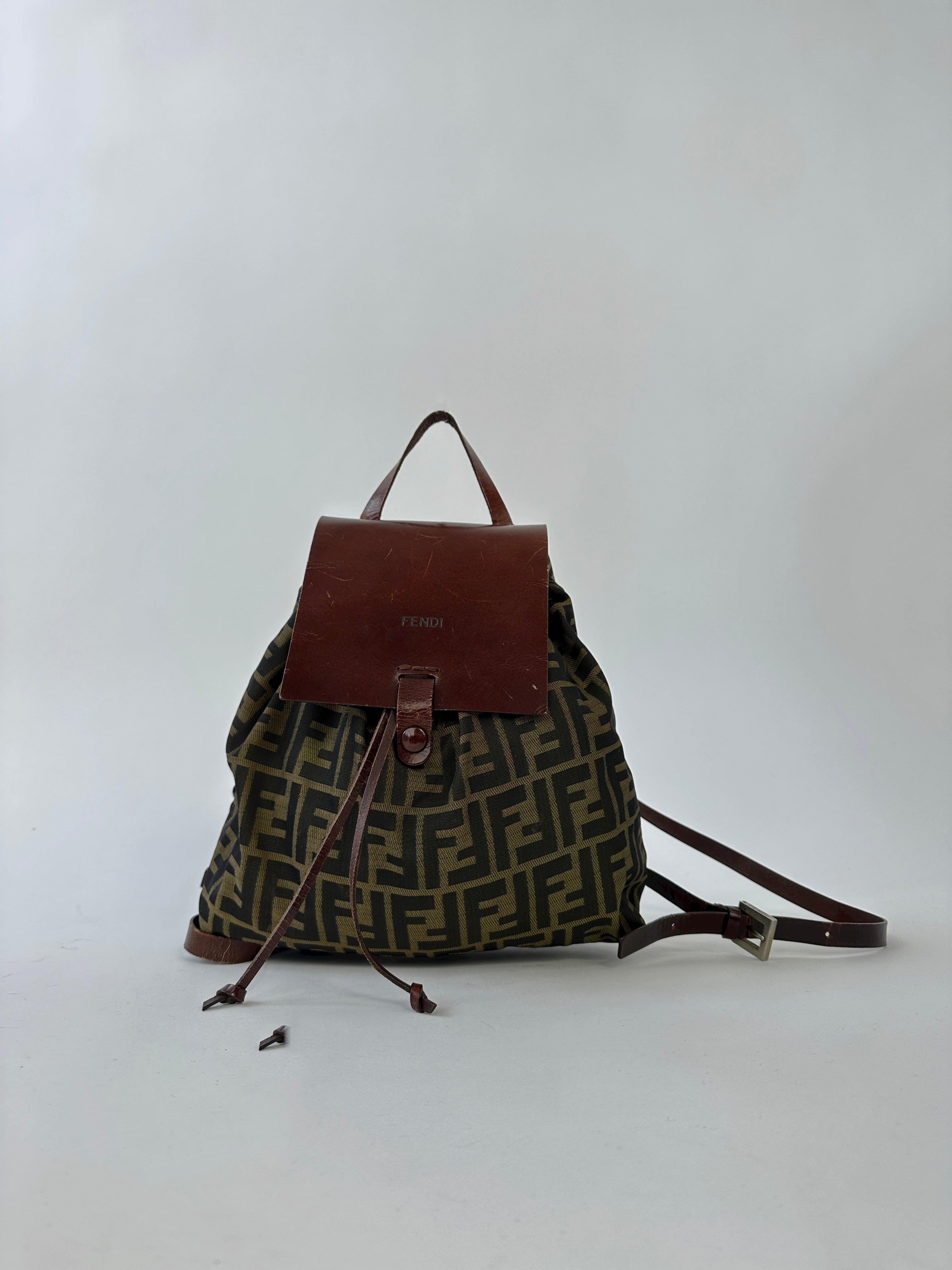 Fendi Zucca FF Monogram Rucksack bag with leather straps and top handle, featuring the iconic FF monogram pattern and spacious design.