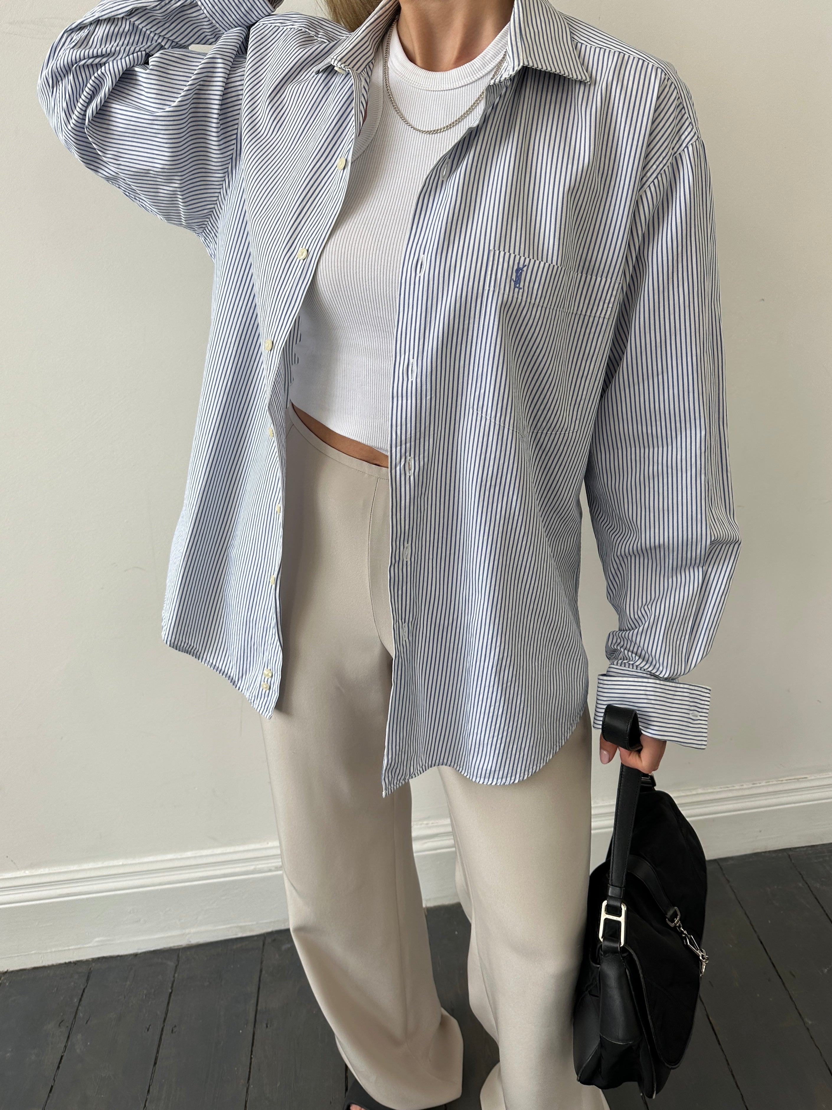 Yves Saint Laurent Diffusion Hommes pinstripe dress shirt in size L, featuring a classic collar and button-front design.