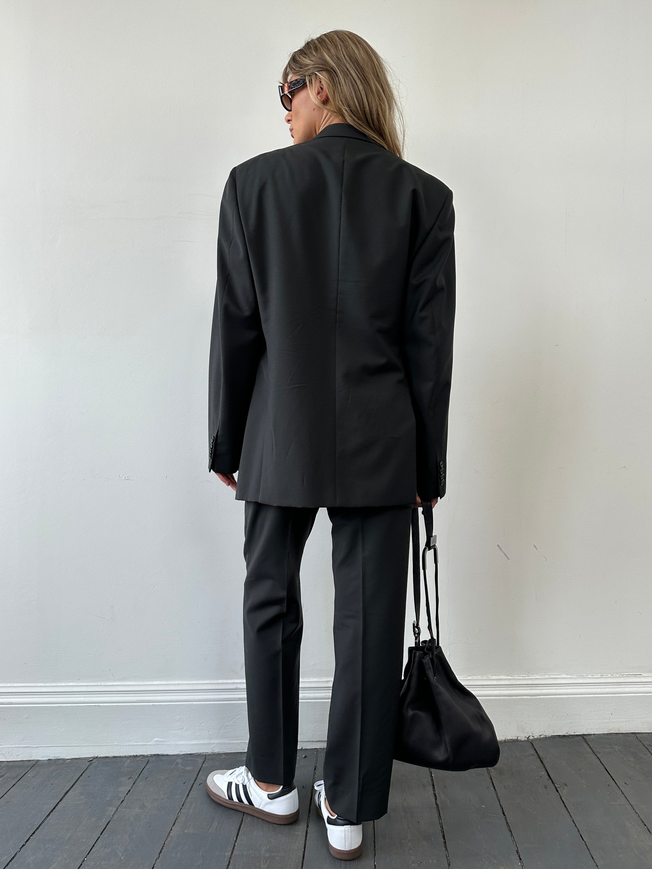 Prada mohair wool single-breasted jumpsuit in size 42R/W32, featuring tailored fit and classic design details.