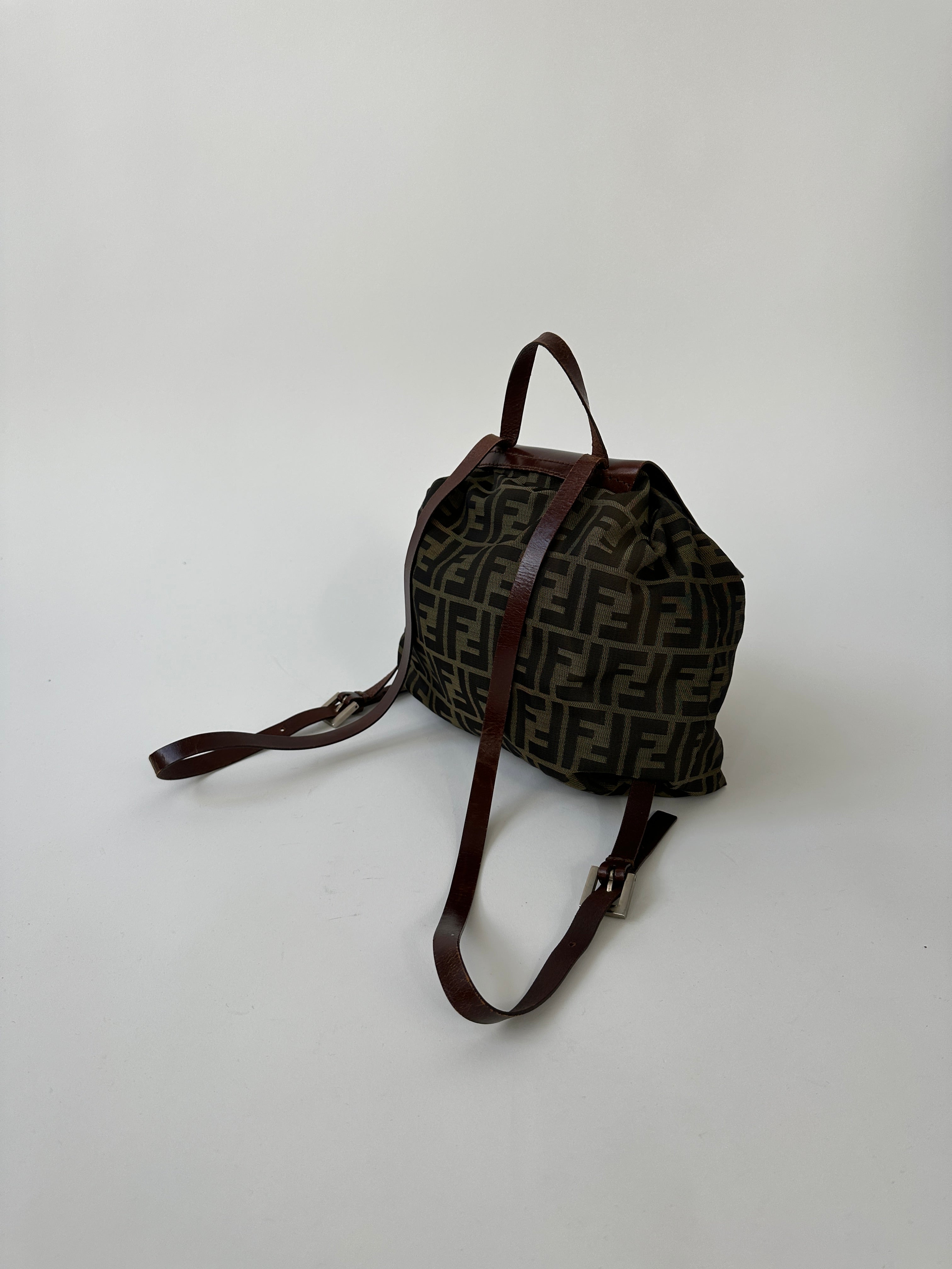 Fendi Zucca FF monogram rucksack bag with leather straps and top handle, featuring the iconic Fendi logo pattern and multiple compartments.