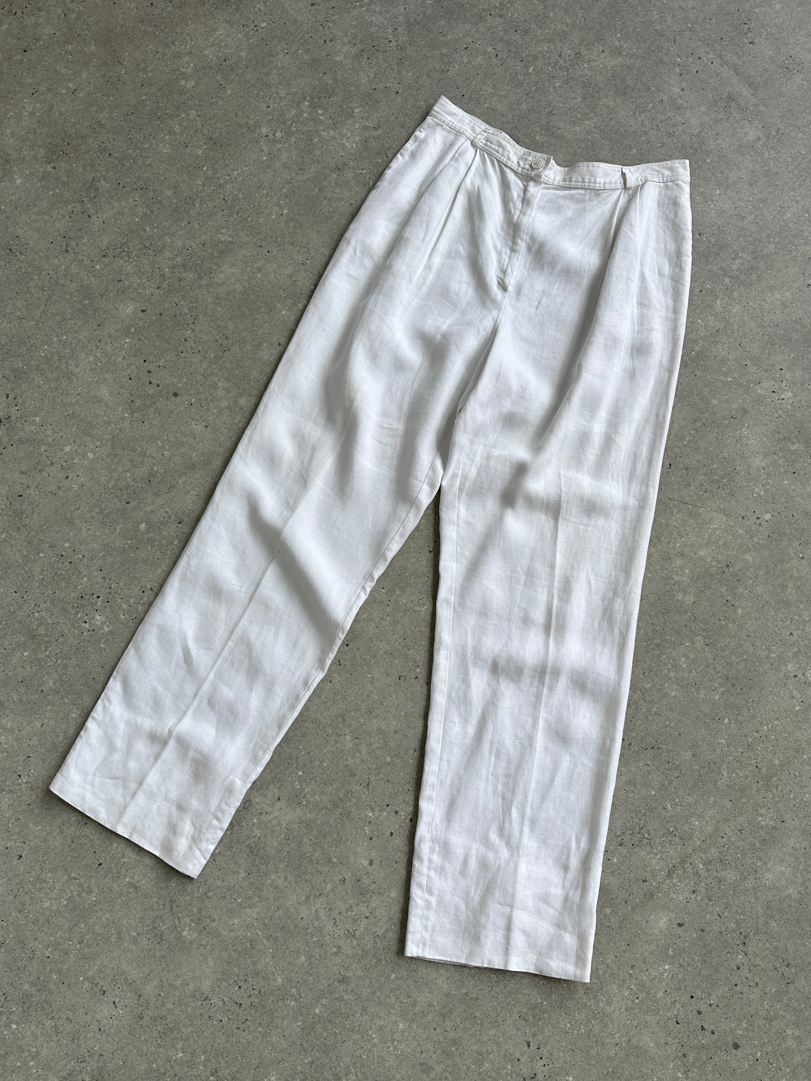 Valentino Miss V Pure Linen High Waisted Trousers, lightweight cream-colored linen pants with a tailored fit and high waist.