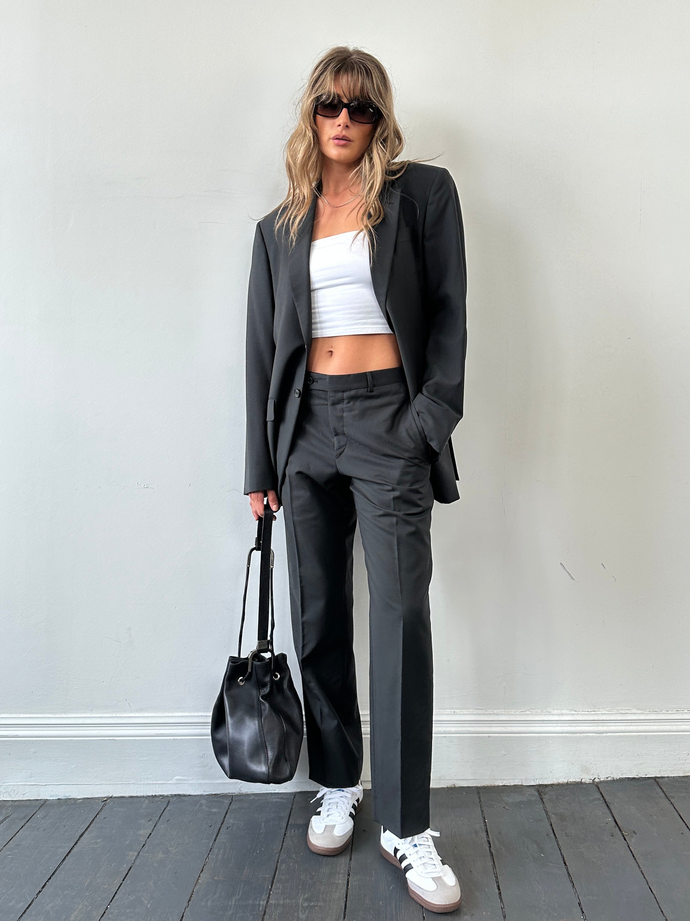 Prada mohair wool single-breasted suit jumpsuit in size 42R/W32, tailored fit with lapel collar and front buttons.