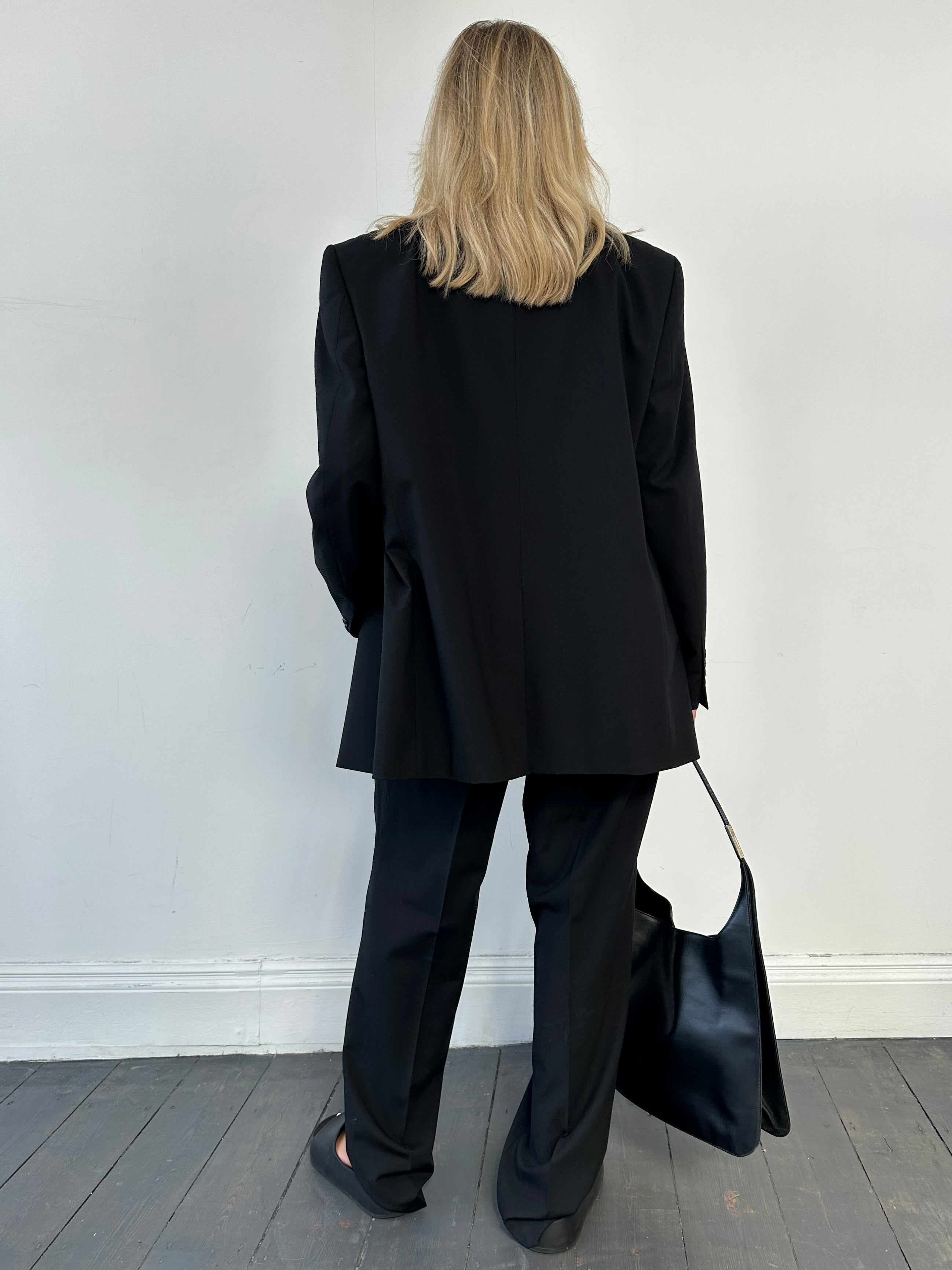 Vintage single-breasted wool blend jumpsuit in size 42R/W36, featuring a tailored fit and classic design.