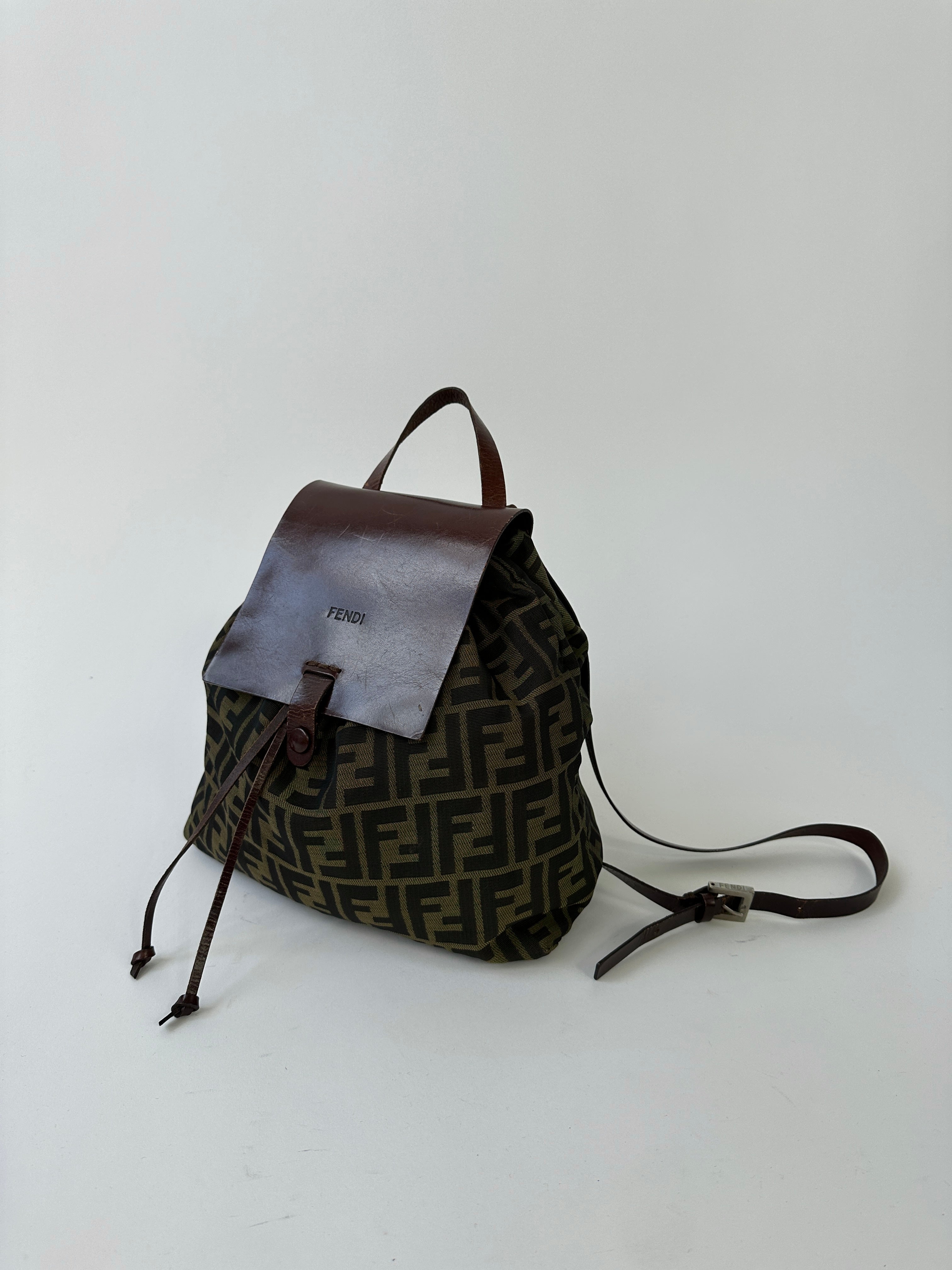Fendi Zucca FF Monogram Rucksack bag with adjustable straps and front pockets, showcasing the iconic monogram pattern.